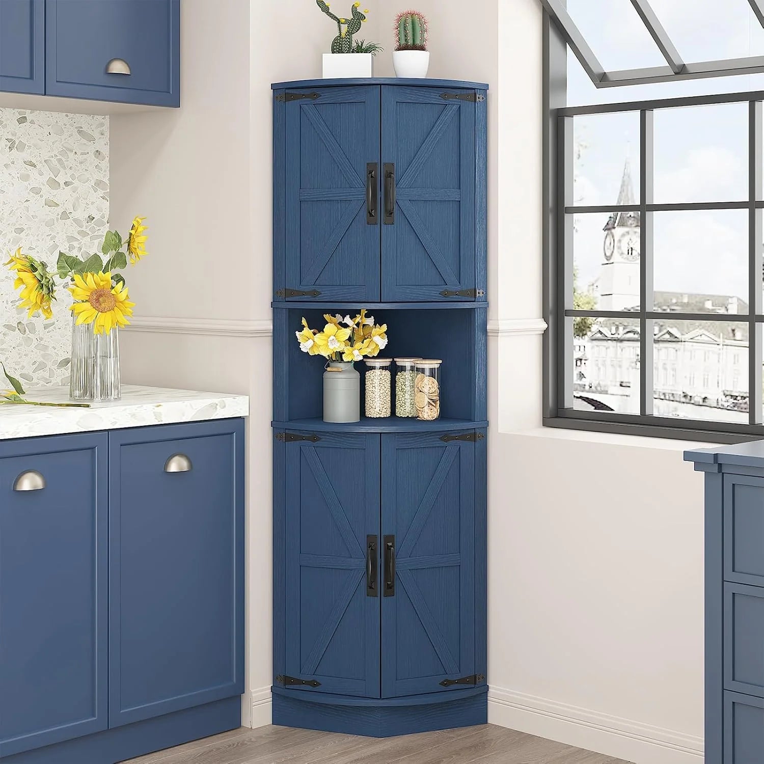 Vabches 64.8 Tall Farmhouse Corner Cabinet Farmhouse Storage Cabinet with Barn Door Design