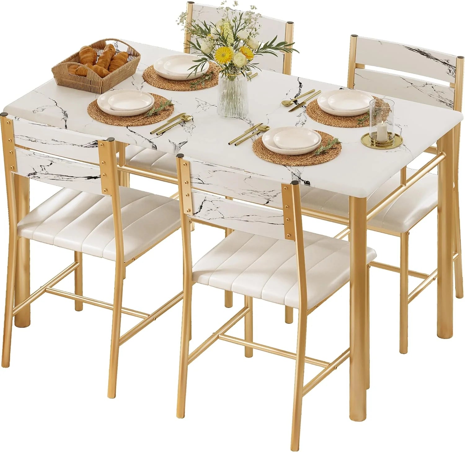 IRONCK Dining Table Set for 4 Wood Kitchen Table with Upholstered Chairs for Kitchen Room