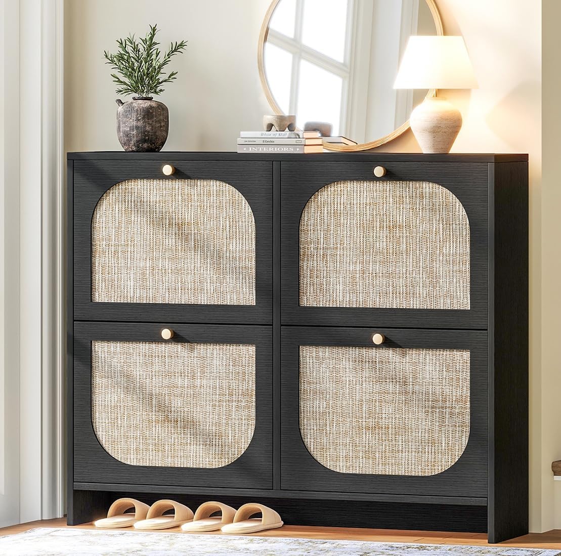 Nicetree Freestanding Ultra Slim Arched Rattan Accent Shoe Storage  Modern Rustic Shoe Rack