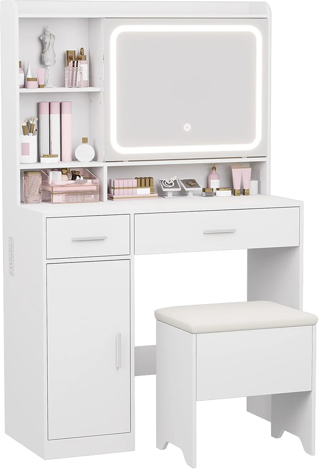 Vanity Desk with Sliding Mirror & Power Outlets - Dimmable LED Lighting