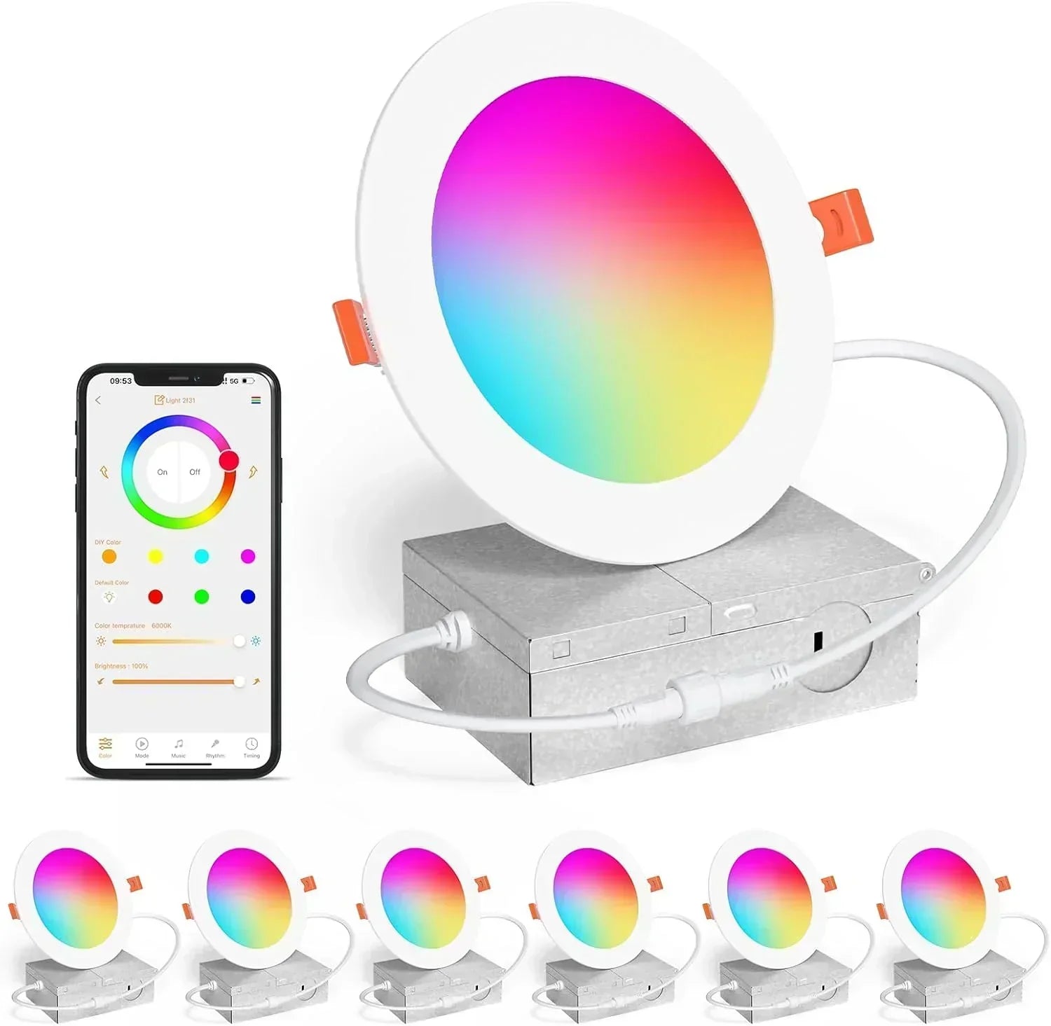Smart Recessed Lighting 4 RGBCW Color Changing 12W LED Downlight with Junction Box
