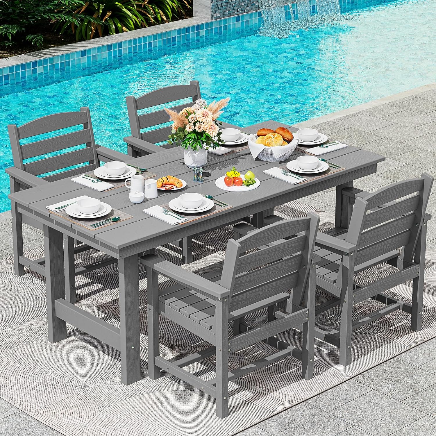 SERWALL Outdoor HDPE Dining Table Set 7 Piece Outdoor Dining Table Sets