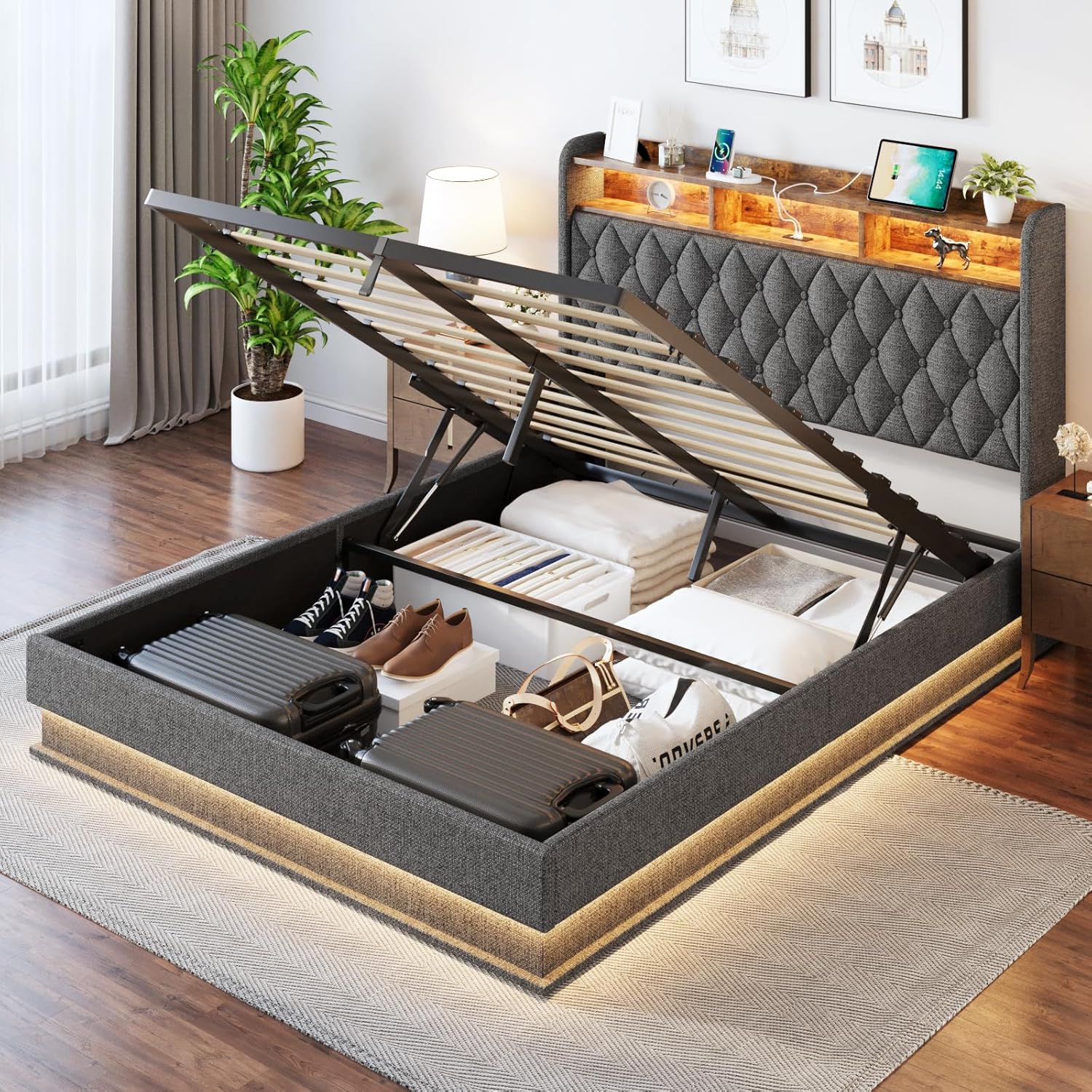 Queen Bed Frame with Storage Lift Up Queen Size Bed Frame Headboard Upholstered Platform Bed