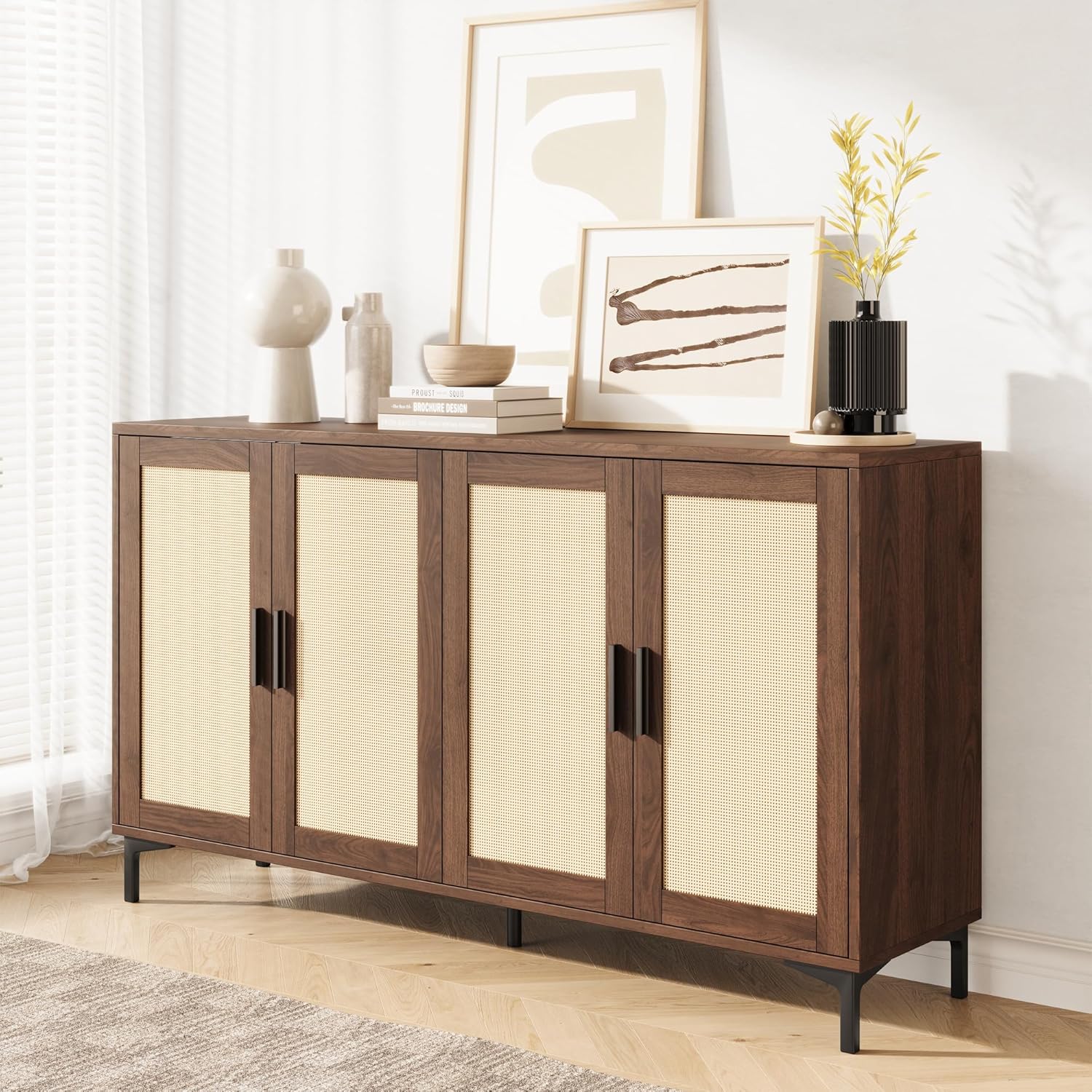 JASIWAY Buffet Cabinet with Storage 48 Rattan Sideboard Adjustable Shelves Modern Coffee Bar