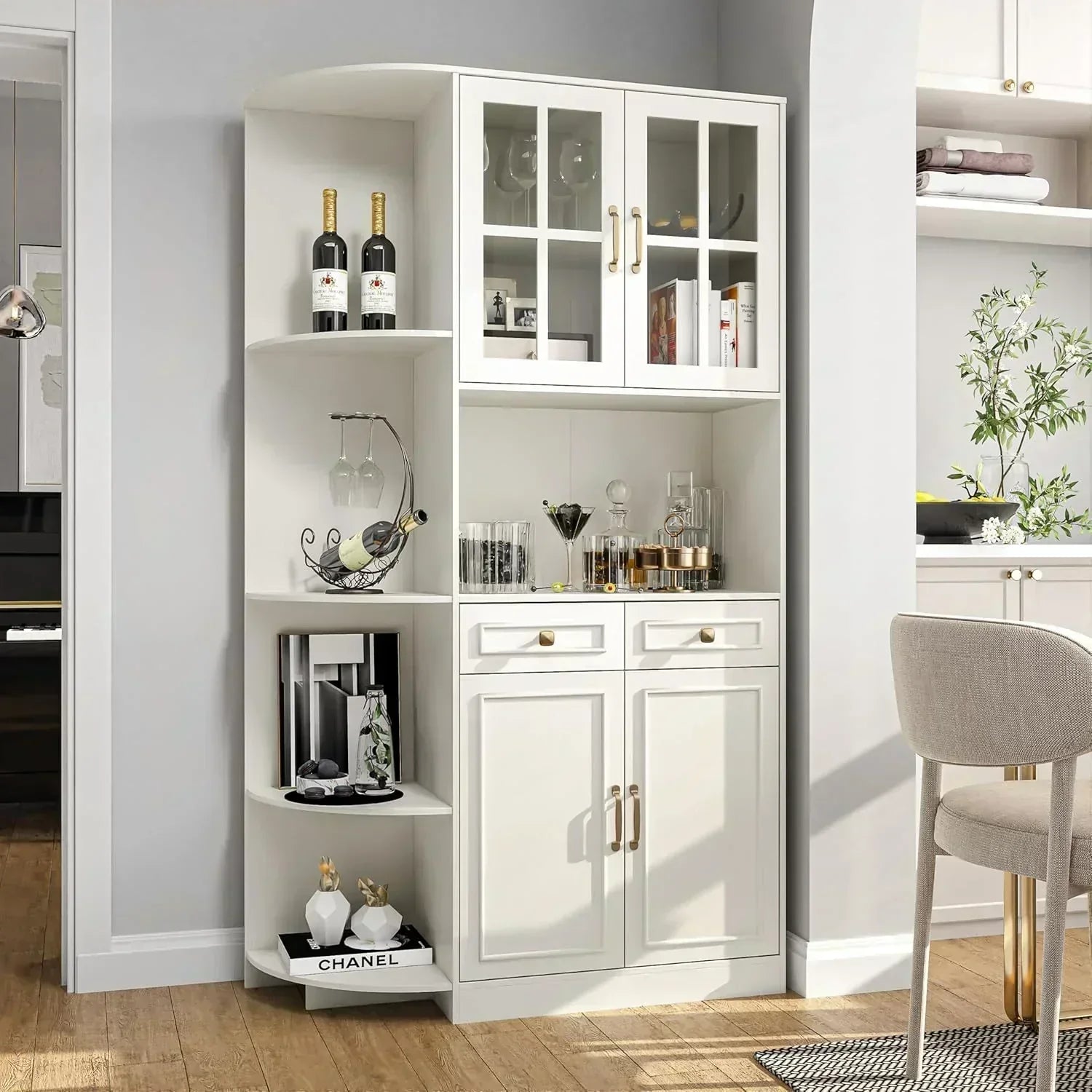 Kitchen Hutch Pantry Cabinet 71 Tall with Glass Doors