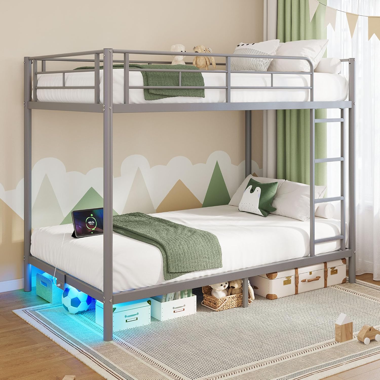 Rolanstar Metal Bunk Bed Twin Over Twin USB Charging Station LED Bunk Bed 2 Storage Drawers