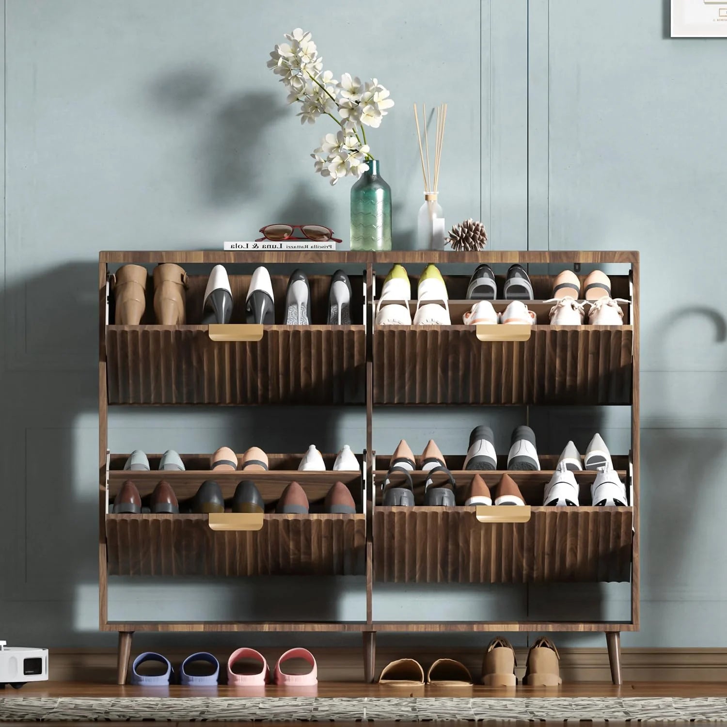 Shoe Cabinet Storage Modern Freestanding Organizer with 2 Flip Drawers Narrow Shoe Rack Cabinet