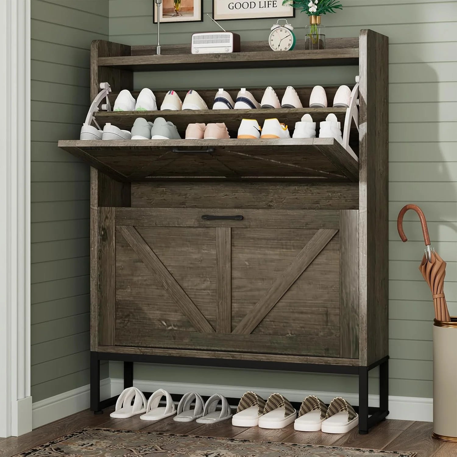 Shoe Cabinet, Shoe Storage Cabinet with 2 Flip Drawers & Adjustable Shelf