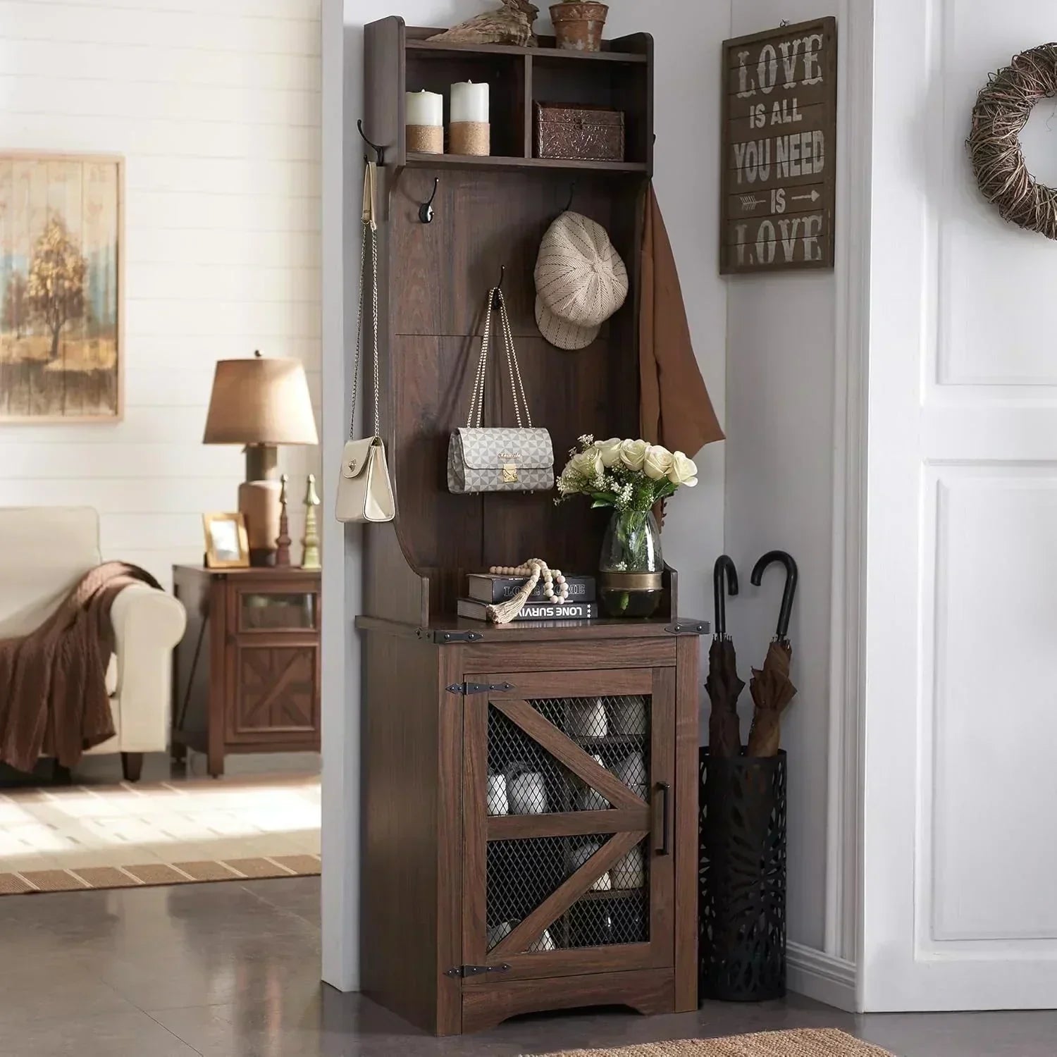 JXQTLINGMU 59-inch Farmhouse Foyer Tree Shoe Storage Entryway Bench Foyer Coat Rack Cabinet