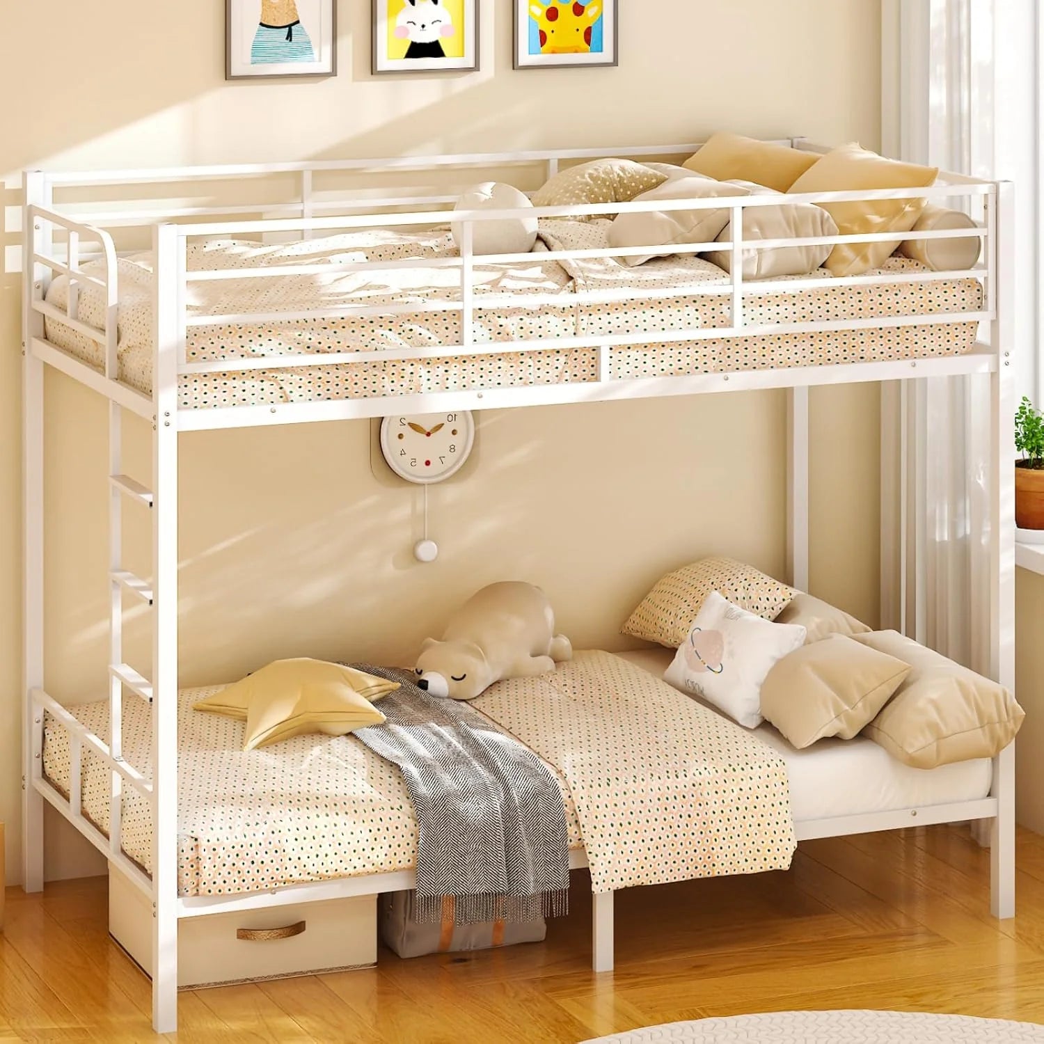 VINGLI Metal Bunk Bed Frame Twin Over Twin with LED Lights Non-Slip Ladder Full Length Guardrail