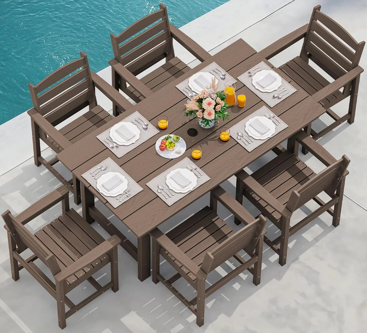 SERWALL 7-Piece Patio Dining Table Sets, Outdoor HDPE Dining Furniture Set with Umbrella Hole Cut-Out Table and 6 Chairs, Blue