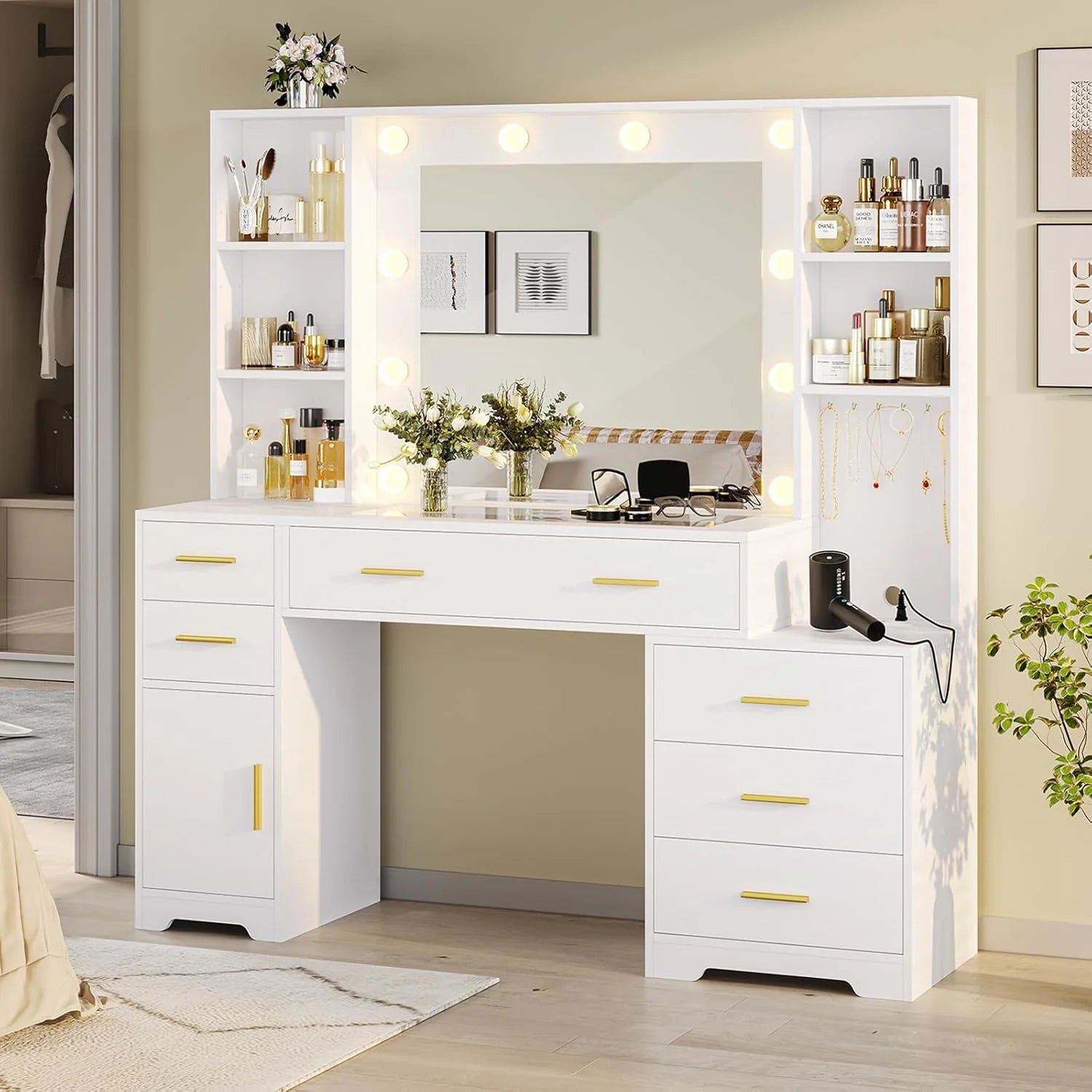 Hasuit 48.8'' Large Vanity Desk with Lighted Mirror & Power Outlet, Makeup Vanity Table