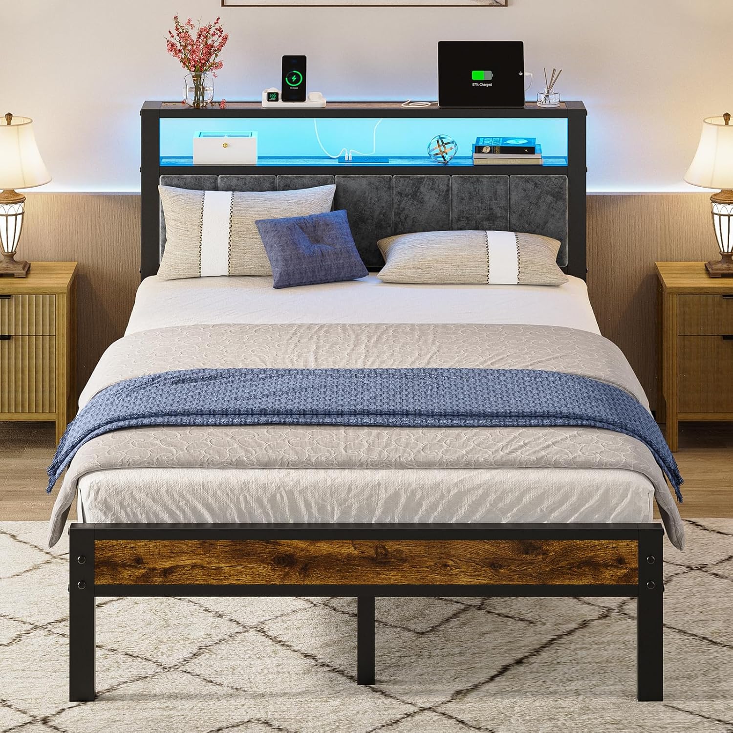 Queen Size Bed Frame with 2-Tier Storage Shelves Headboard Platform Bed with Charging Station