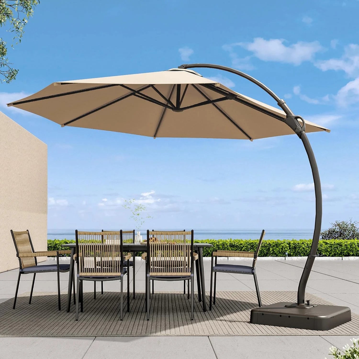 LAUSAINT HOME Outdoor Patio Umbrella with Base included, 11 FT Deluxe Curvy Cantilever Umbrella Heavy Duty Offset Hanging Umbrella with 360° Rotation for Market, Pool, Garden, Backyard, Deck (Beige)