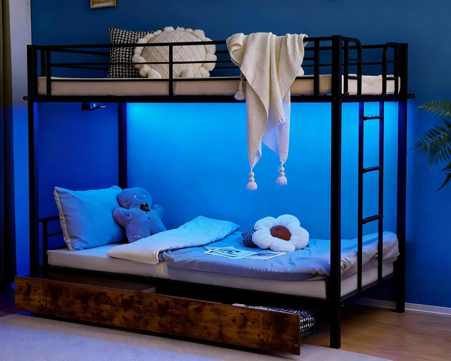 VINGLI Metal Bunk Bed Frame Twin Over Twin with LED Lights Non-Slip Ladder Full Length Guardrail
