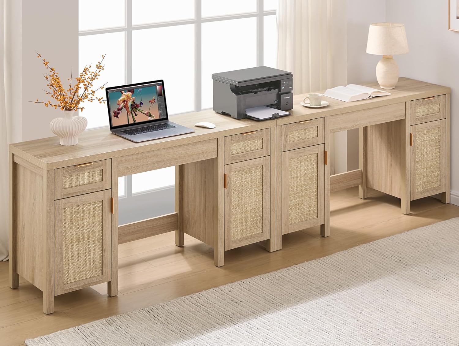 SICOTAS Rattan Vanity Home Office Desk - 52 Large Makeup Vanity Dressing Table