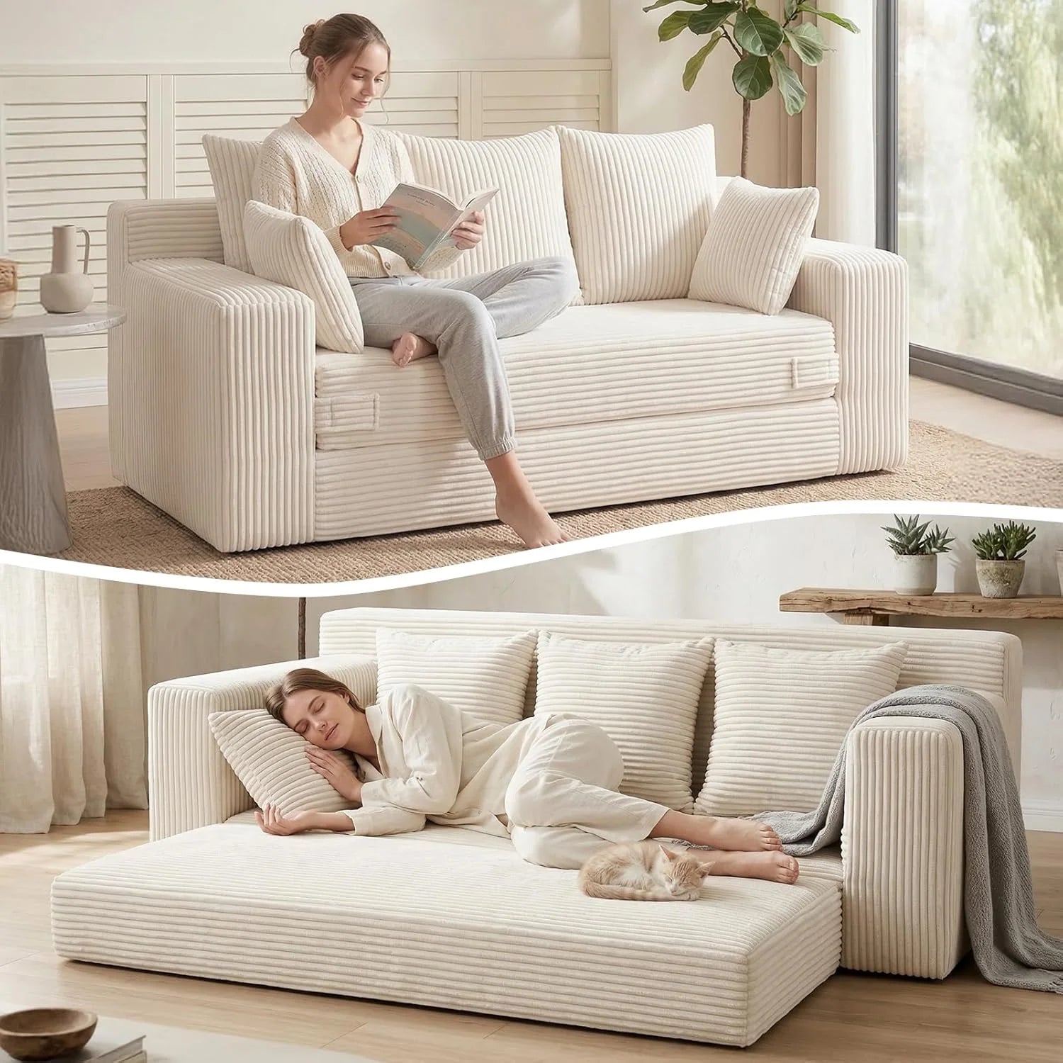 Loveseat Boneless Convertible Sofa Bed, Folding Floor Futon Sleeper Sofa Couch Bed- Boneless Foldable Couch, Corduroy Pull Out Sofa Bed with 2 Pillows for Living Room & Bedroom