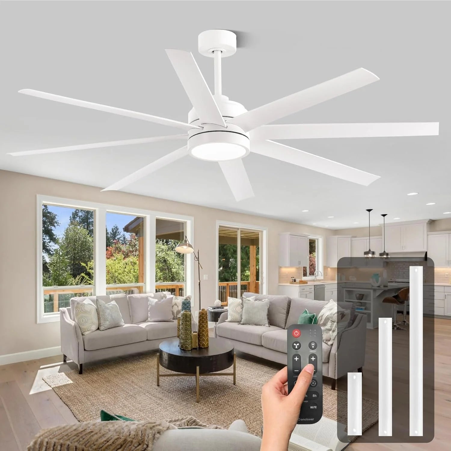Modern Ceiling Fans with Lights, 72 Inch Ceiling Fan with Light and Remote, Bedroom Living Room Library Cafe Outdoor/Industrial,24W 3CCT Dimmable, 8 Blades 6 Speed Reversible Quiet DC Motor, Black