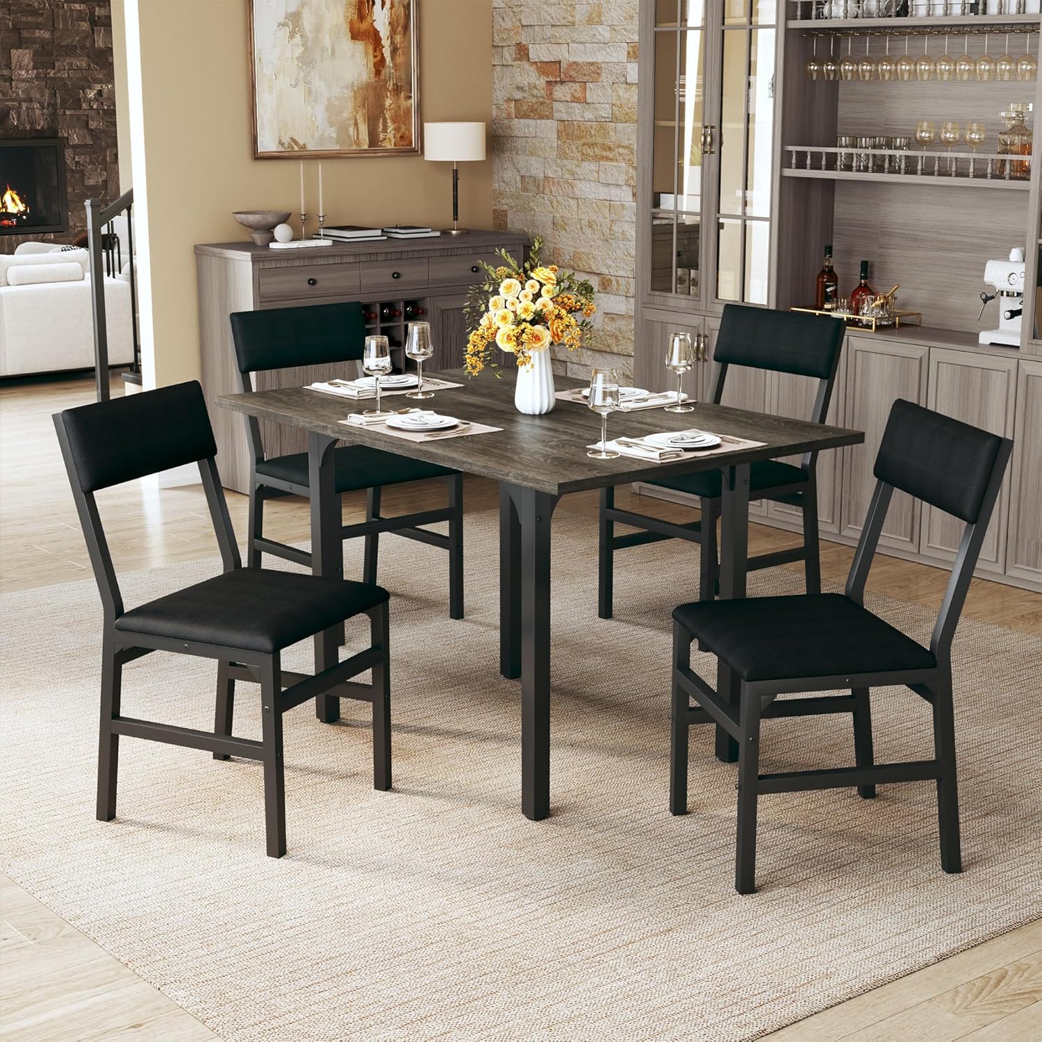 HUAHUU Dining Table Set for 4 Extendable Kitchen Table Cushion Chairs Rectangle Dining Table