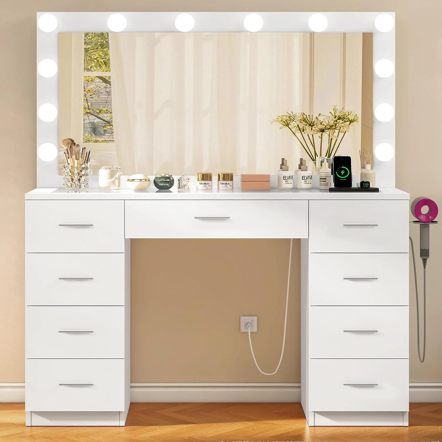 Quimoo Large Vanity Desk with LED Lighted Mirror & Power Outlet,Makeup Vanity Table