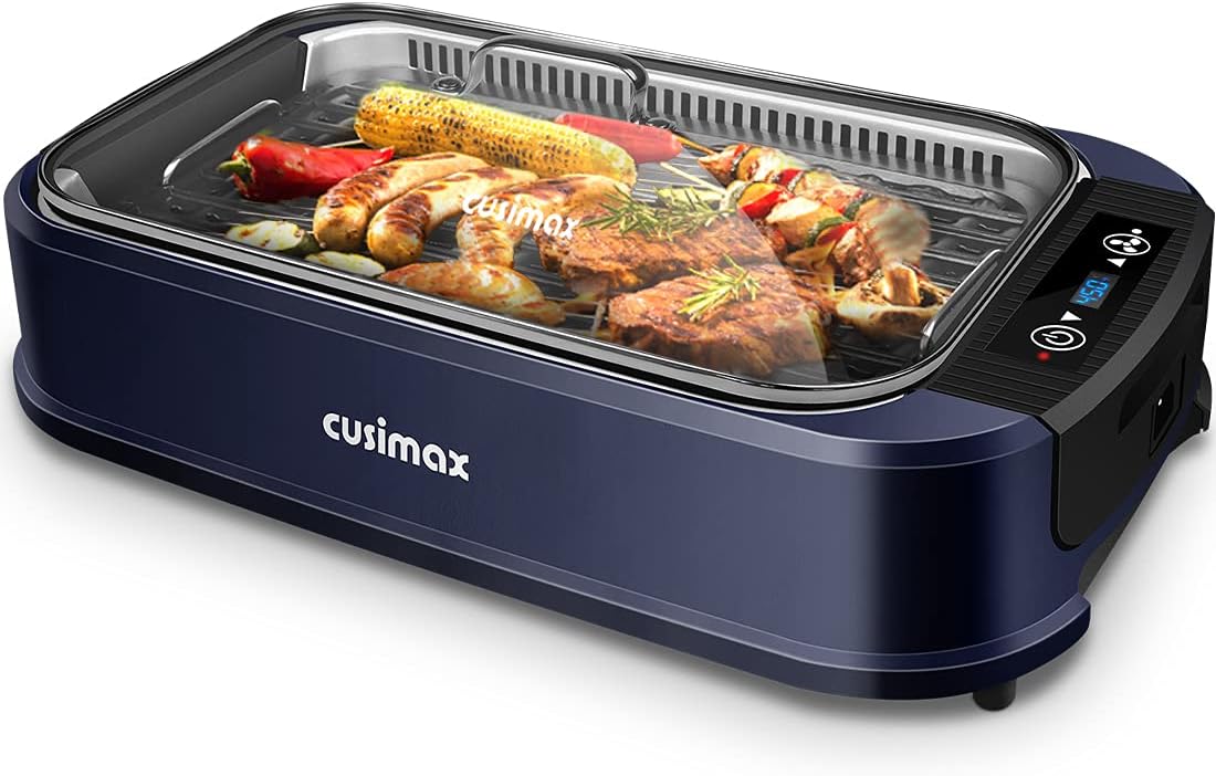 Indoor Grill, CUSIMAX Smokeless Grill Indoor, 1500W Electric Grill Griddle Korean BBQ with LED Smart Display & Tempered Glass Lid, Non-stick Removable Grill Plate & Griddle Plate, Black