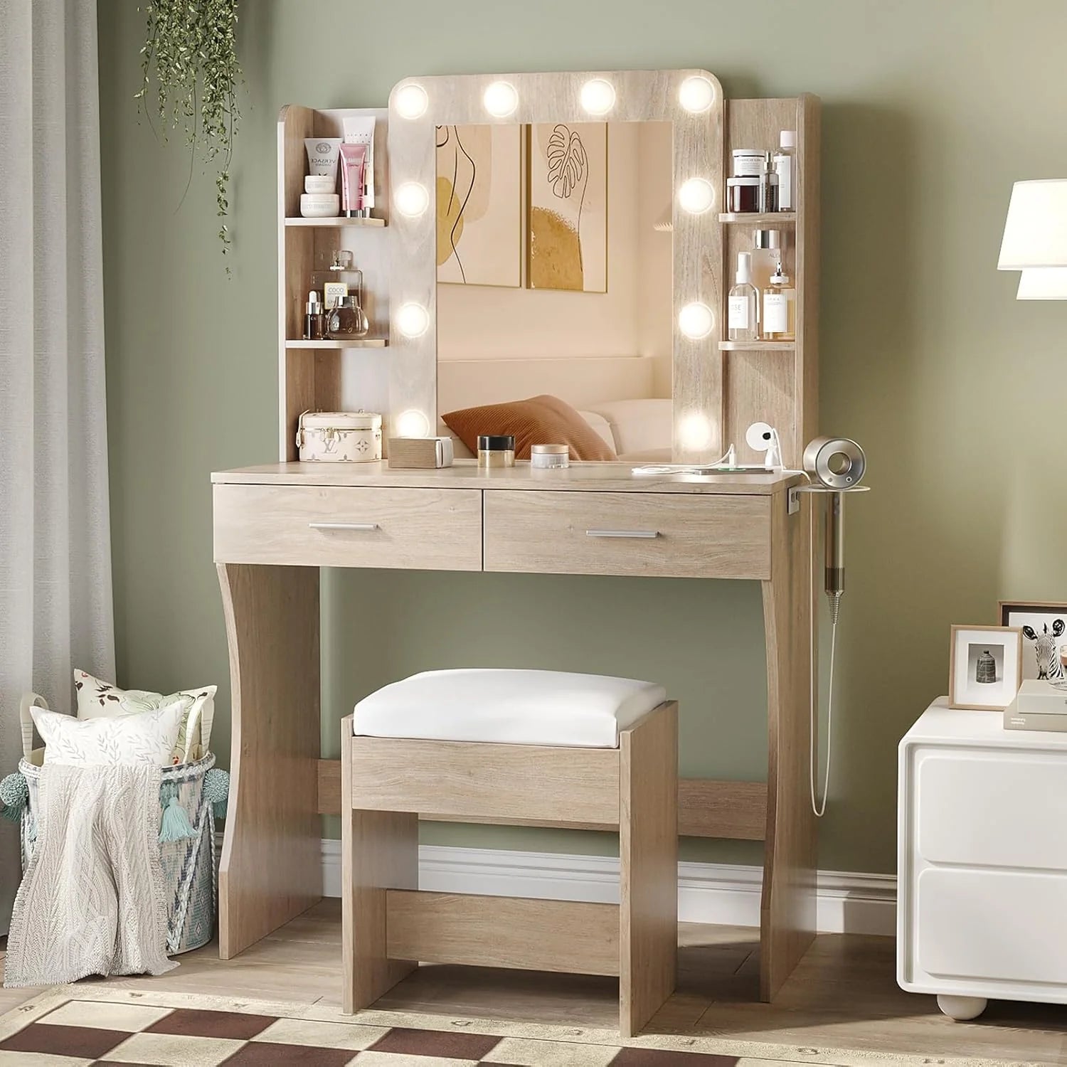 Vabches Vanity Desk with Lights,Makeup Vanity with Power Strip,Dressing Table Set
