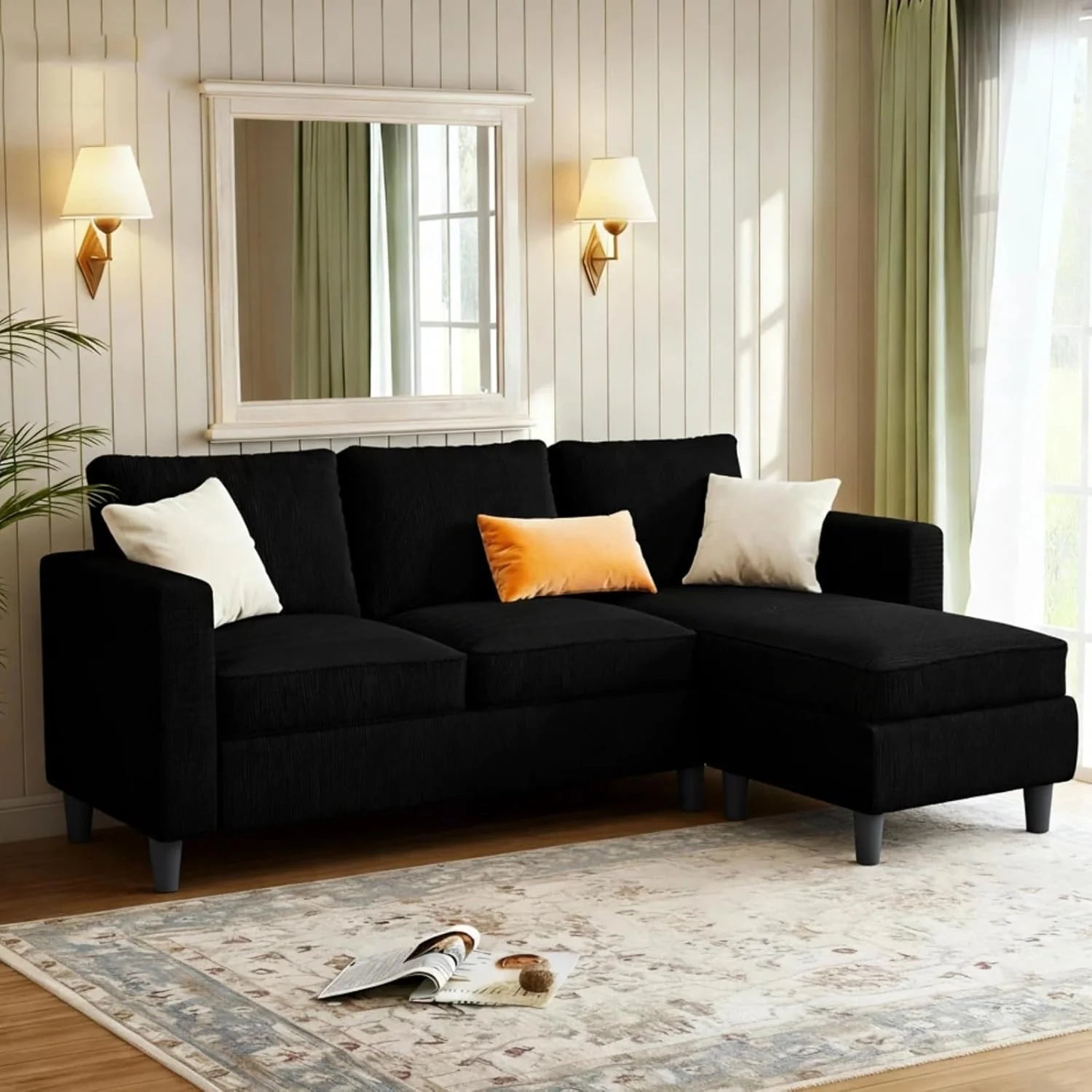 JAMFLY 3-Seat Convertible L-Shaped Sectional Sofa with Reversible Ottoman, Upholstered Fabric Couch