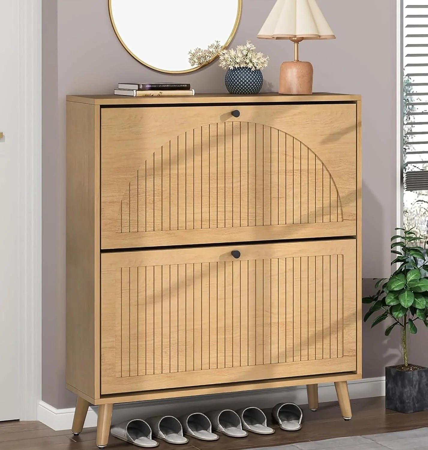 Shoe Storage Cabinet for Entryway with 2 Flip Drawers Narrow Wood Shoe Cabinet with Fluted Panel