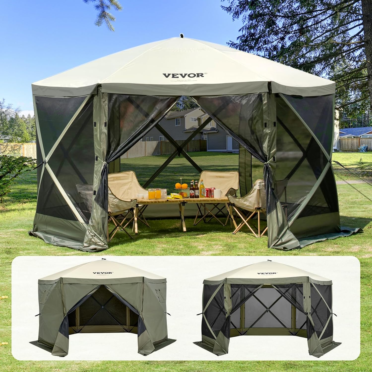VEVOR 12 * 12ft 6 Sided Pop-up Canopy Shelter Tent with Mesh Windows, Portable Carry Bag