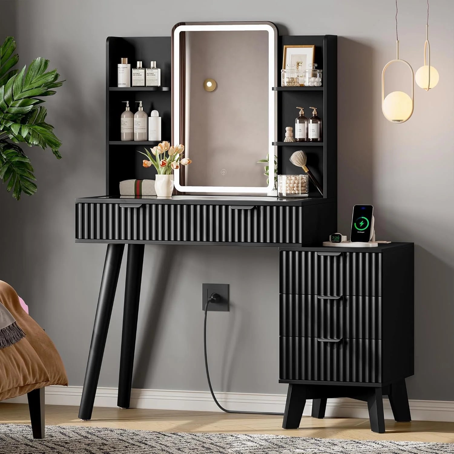 Vanity Desk with LED Lights Mirror & Power Outlet, Small Makeup Vanity Table Set