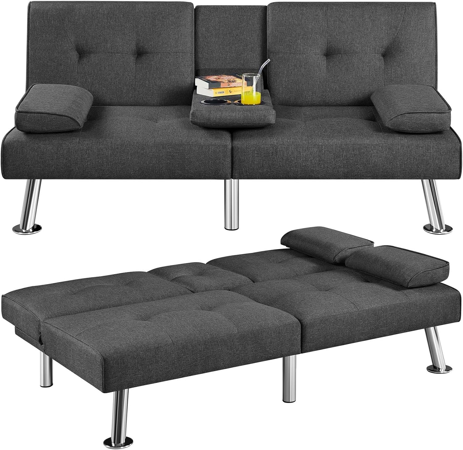 Yaheetech Convertible Sofa Bed Adjustable Couch Sleeper Modern Faux Leather Home Recliner Reversible Loveseat Folding Daybed Guest Bed, Removable Armrests, Cup Holders, 3 Angles, 772lb Capacity, Brown