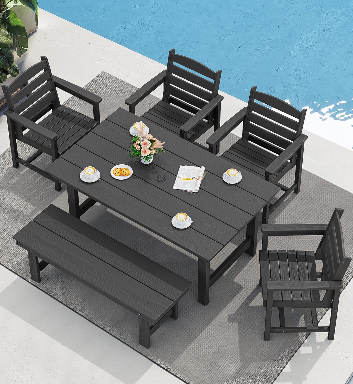 SERWALL Outdoor HDPE Dining Table Set 7 Piece Outdoor Dining Table Sets