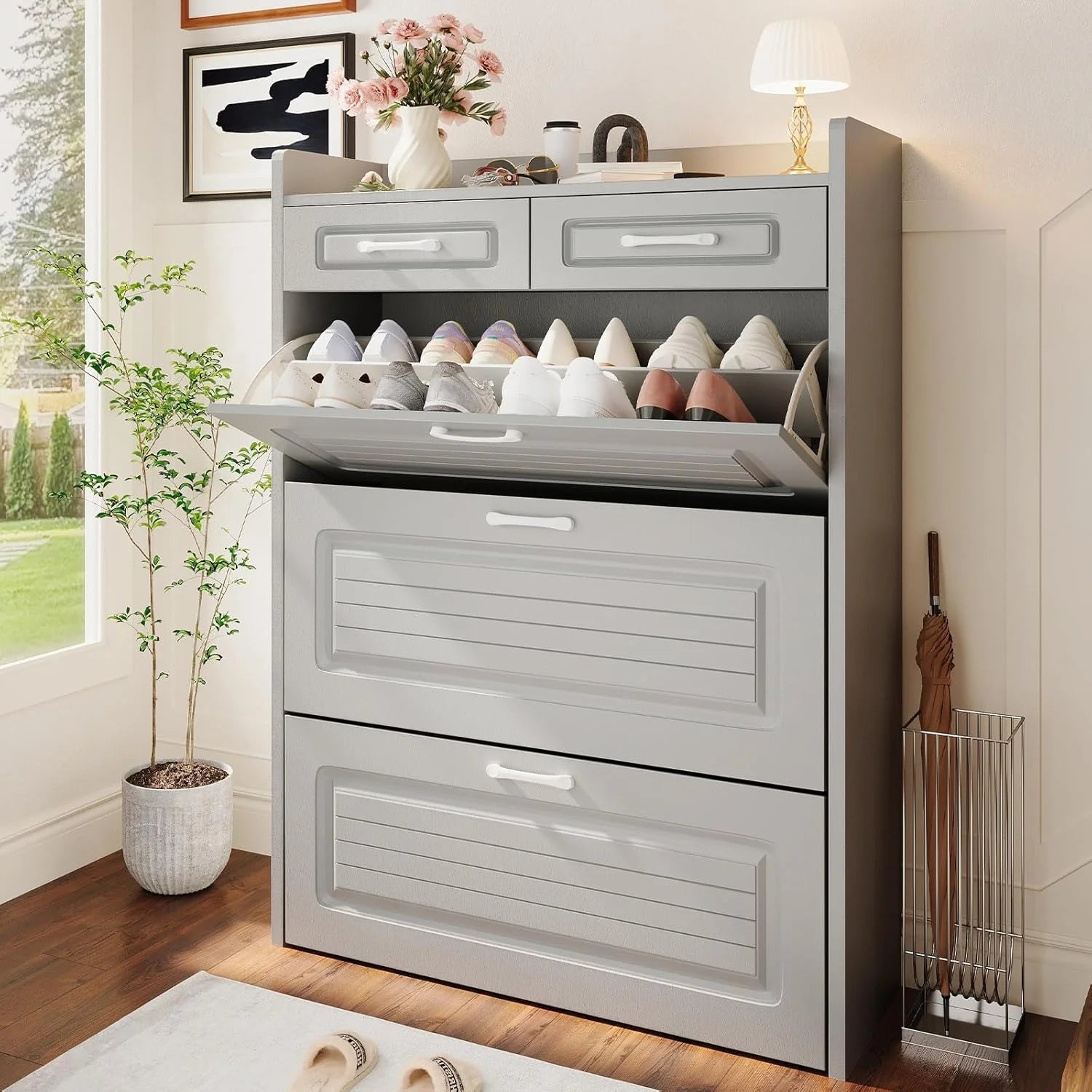 Shoe Cabinet with 3 Large Flip Drawers & 2 Storage Drawers, Narrow Shoe Organizer Cabinet Fits