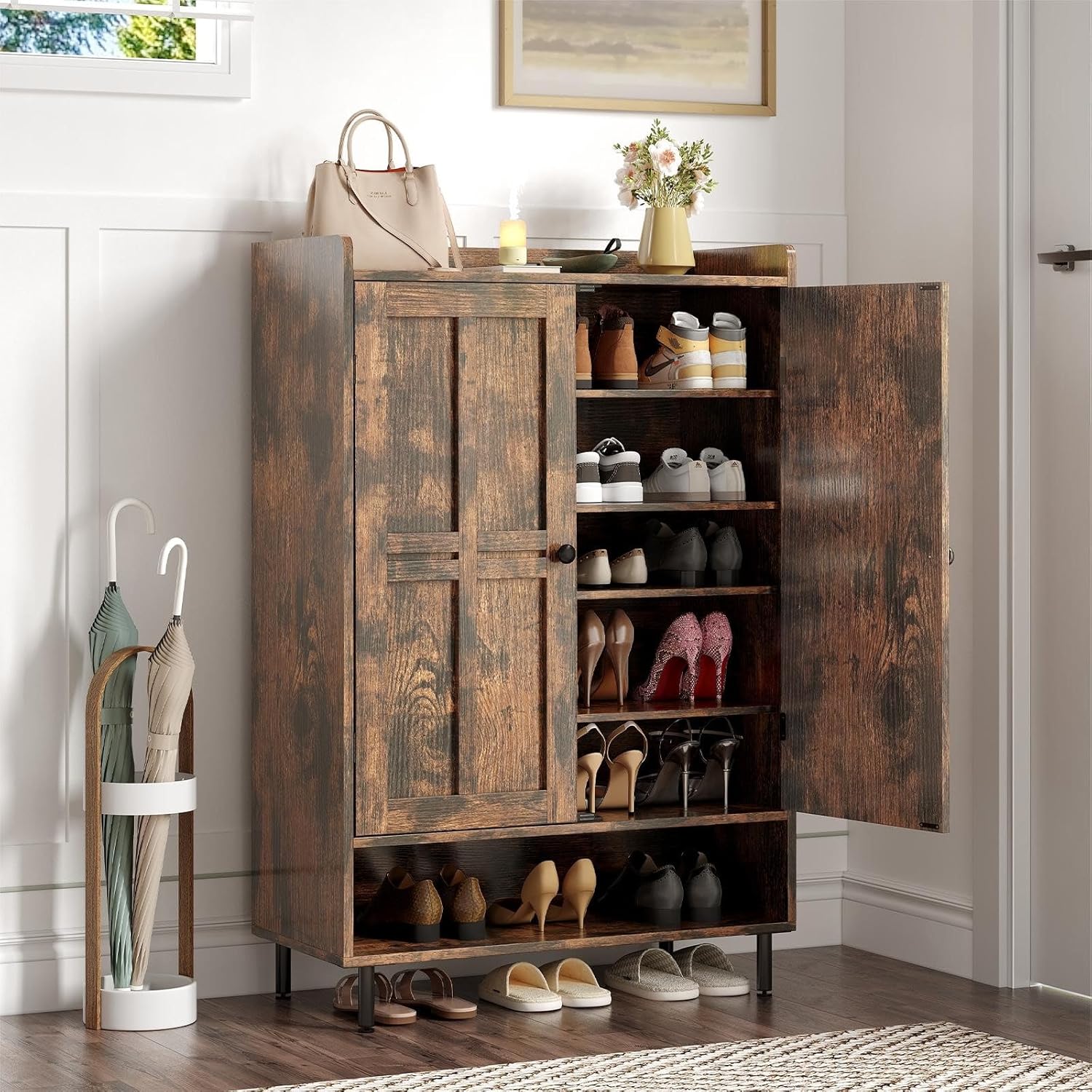 ONBRILL Shoe Storage Cabinet with Cross Molding Doors, 6-Tier Farmhouse Shoe Cabinet