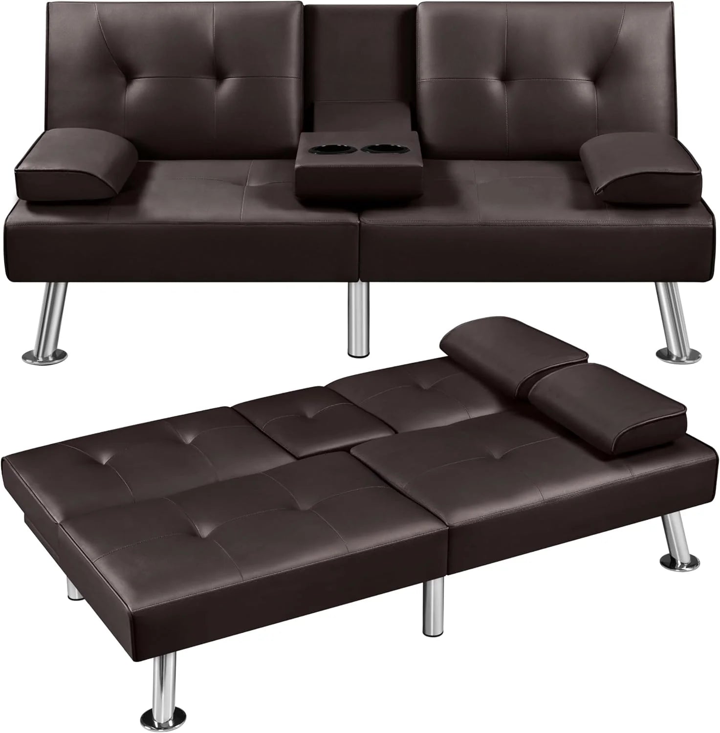 Yaheetech Convertible Sofa Bed Adjustable Couch Sleeper Modern Faux Leather Home Recliner Reversible Loveseat Folding Daybed Guest Bed, Removable Armrests, Cup Holders, 3 Angles, 772lb Capacity, Brown