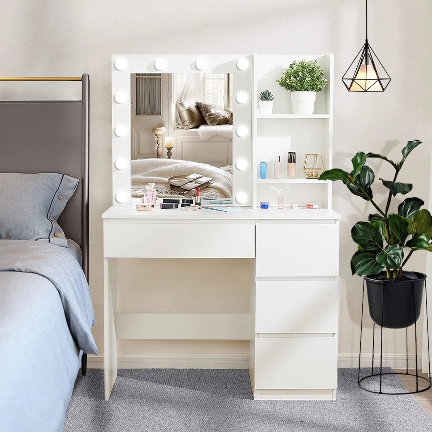 Vabches Vanity, Makeup Vanity Desk Set with Mirror & Light, Dressing Table Storage Lots