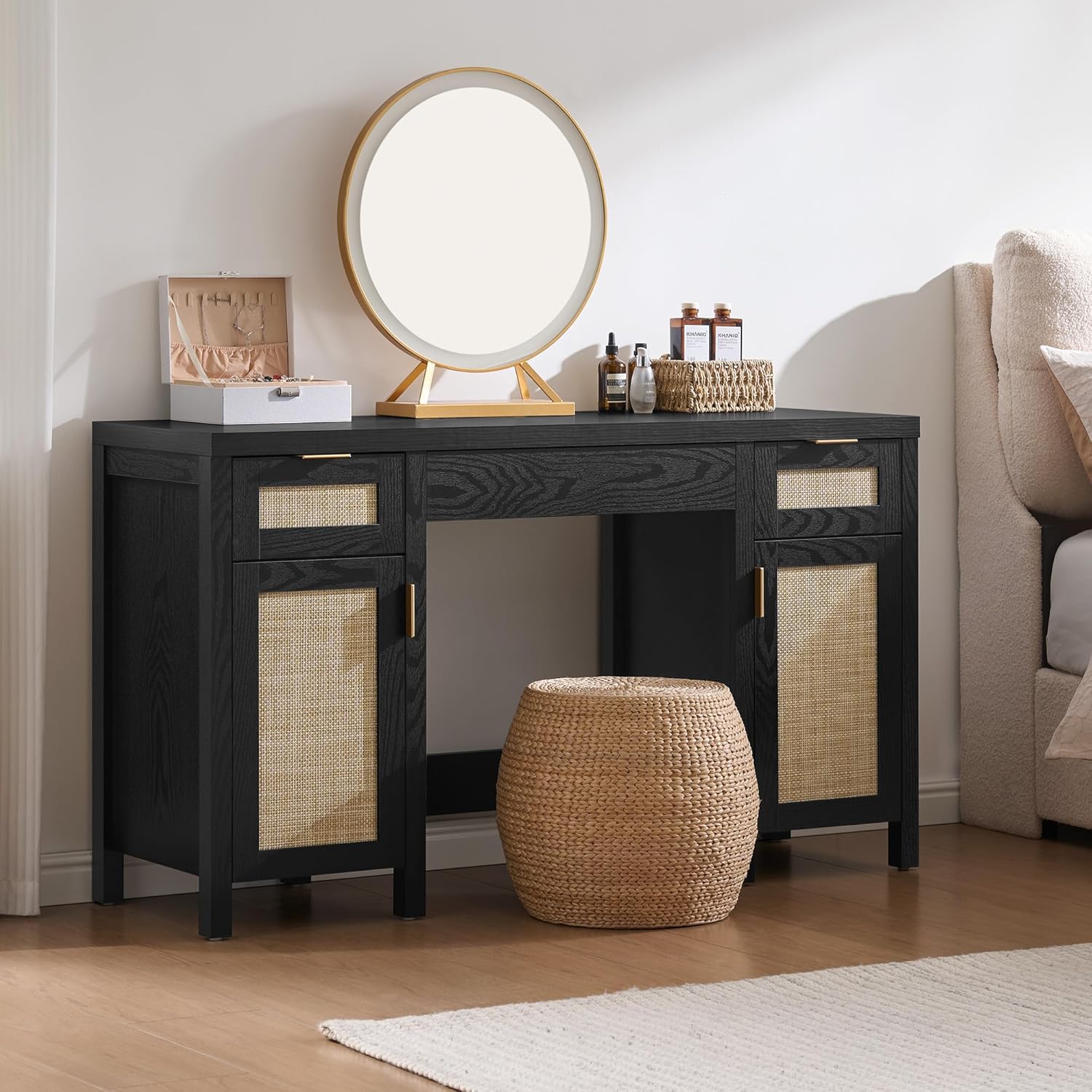 SICOTAS Rattan Vanity Home Office Desk - 52 Large Makeup Vanity Dressing Table
