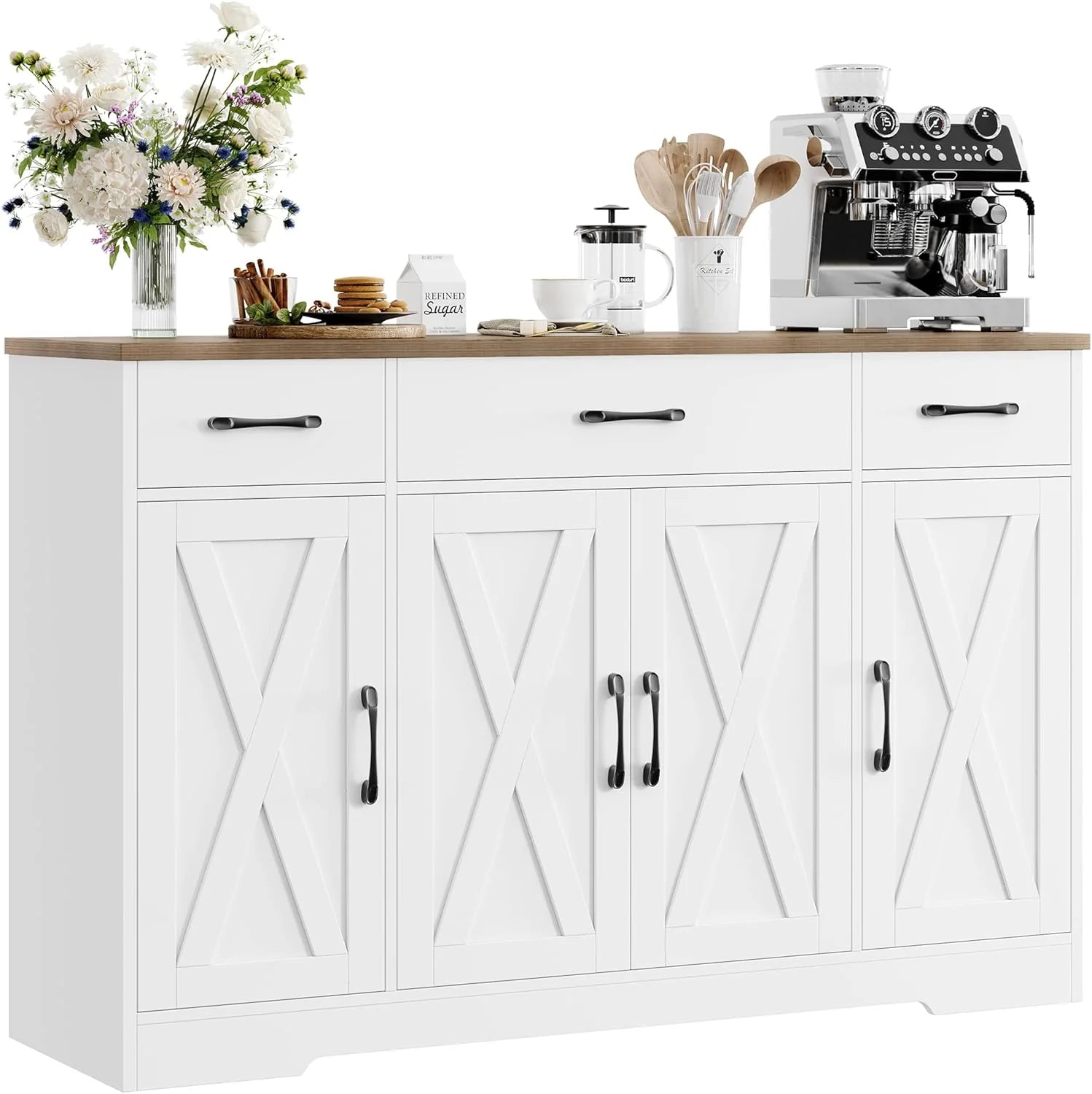 HOSTACK Buffet Cabinet with Drawers, 55 Large Sideboard Buffet Storage Cabinet with Shelves and Doors, Modern Farmhouse Coffee Bar Station Wood Kitchen Table for Kitchen, Dining Room, White/Rustic