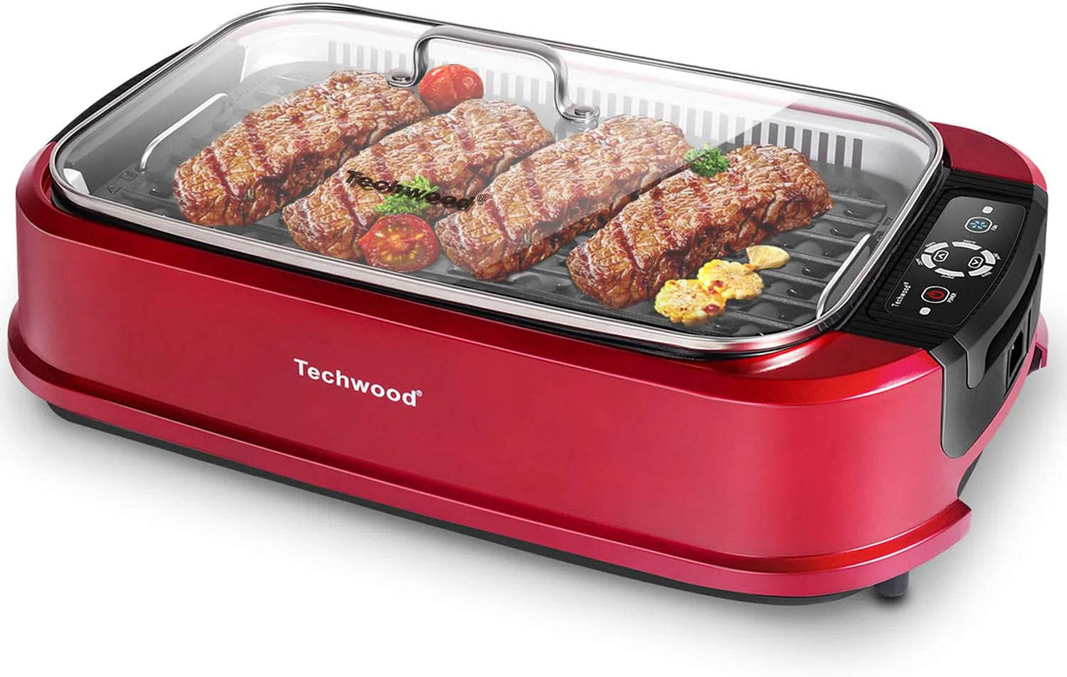 Indoor Grill, Techwood 1500W Smokeless Electric Grill with Tempered Glass Lid, Compact & Portable Non-Stick BBQ Grill with 6-Level Control, Dishwasher Safe, Black