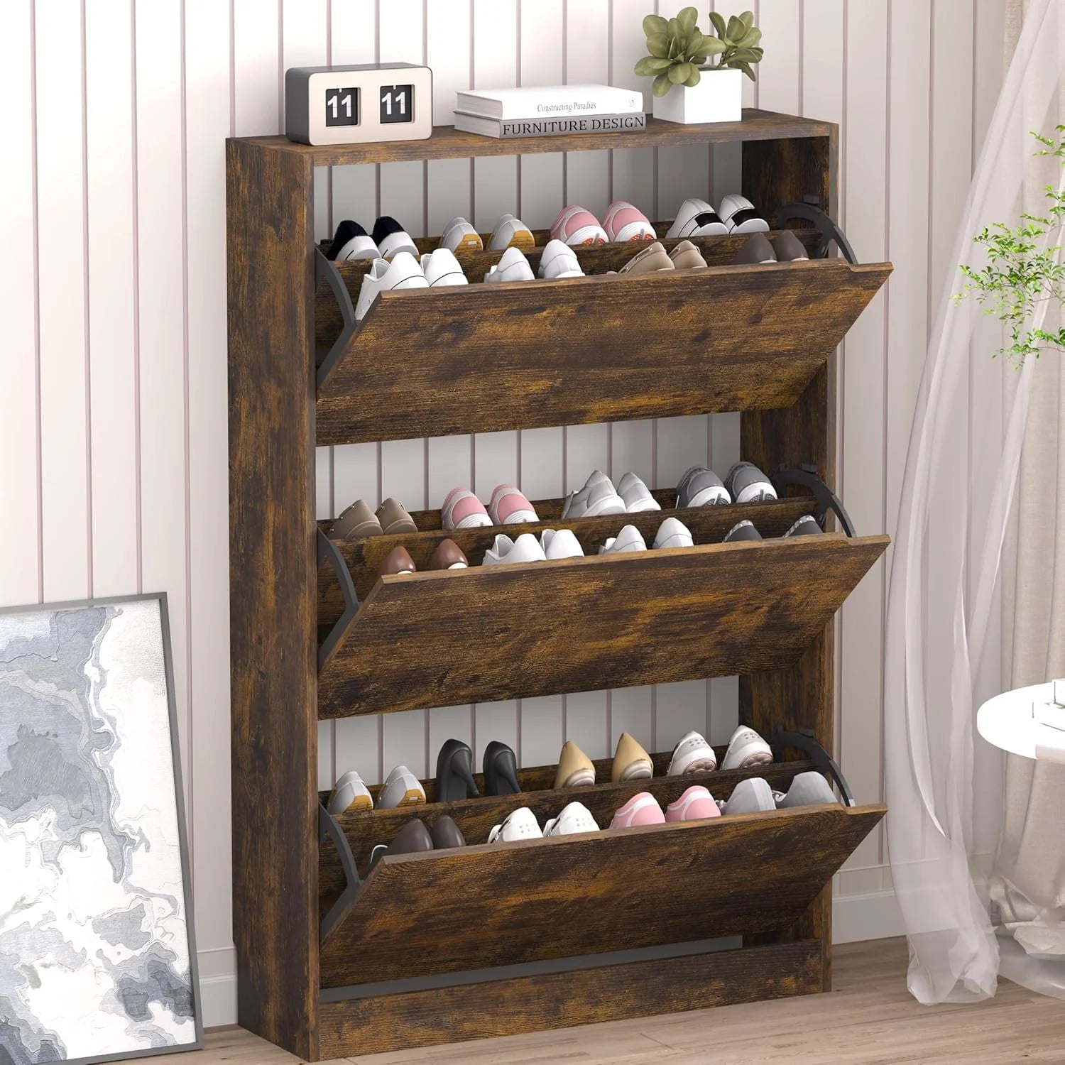 Shoe Cabinet with 3 Flip Drawers Hidden Wood Shoe Cabinet Freestanding Shoe Storage Cabinet