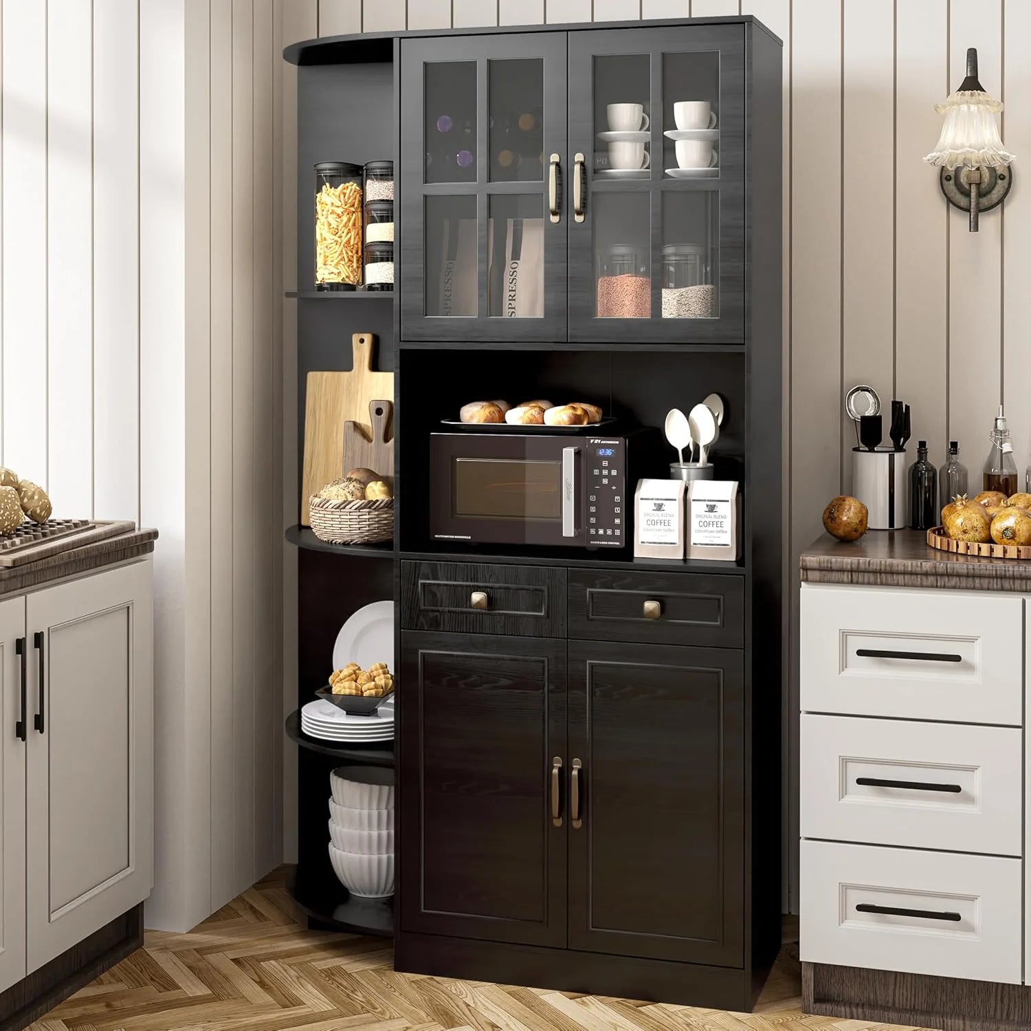 Kitchen Hutch Pantry Cabinet 71 Tall with Glass Doors