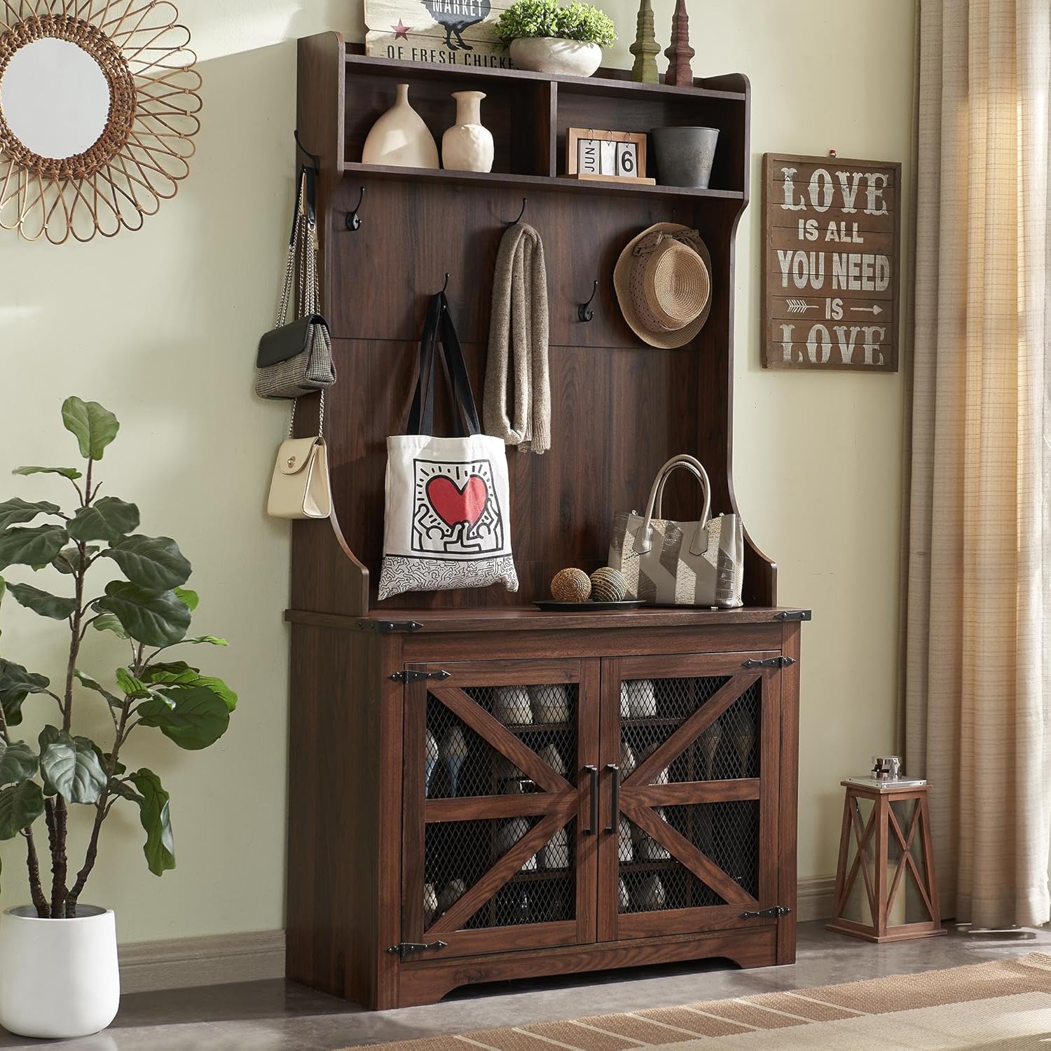 JXQTLINGMU 59-inch Farmhouse Foyer Tree Shoe Storage Entryway Bench Foyer Coat Rack Cabinet