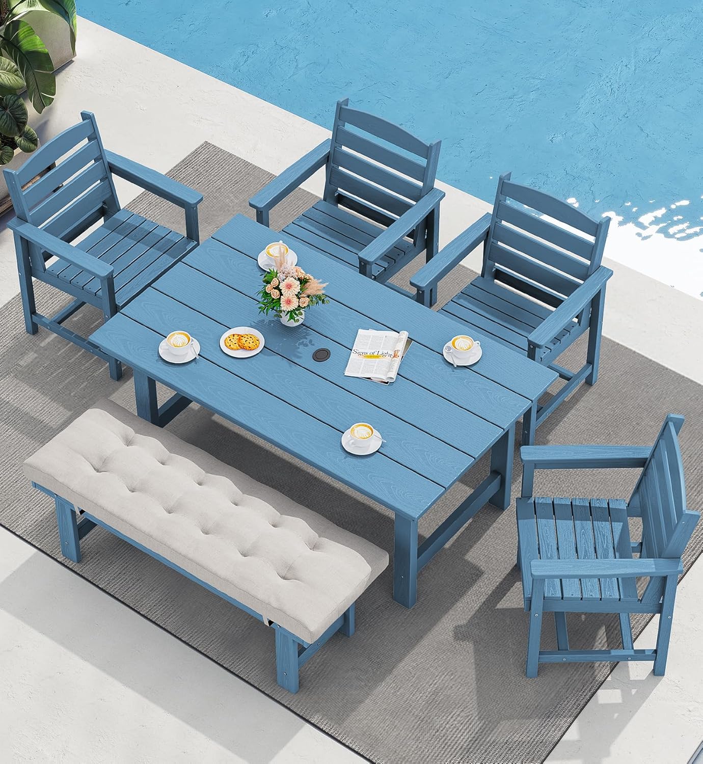 SERWALL Outdoor HDPE Dining Table Set 7 Piece Outdoor Dining Table Sets