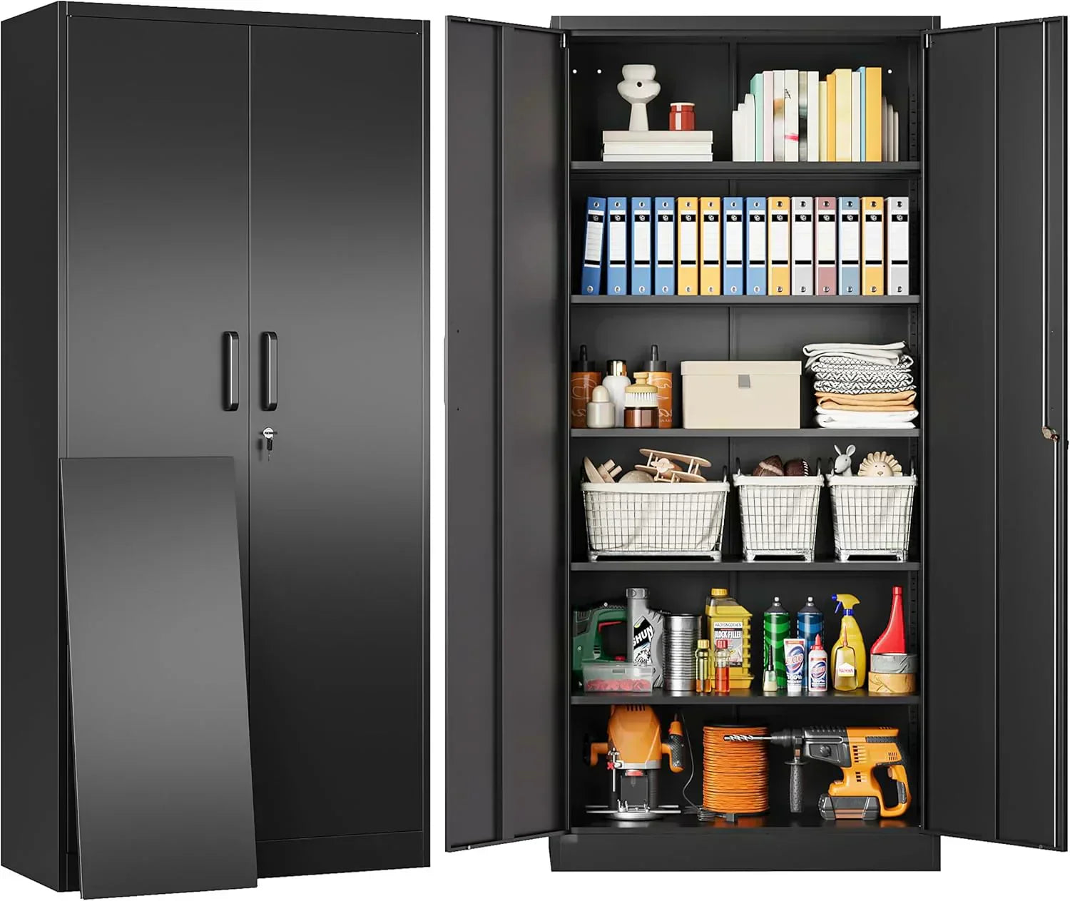 Metal Storage Cabinet with 2 Doors and 6 Shelves Black Metal Cabinet Garage Storage Cabinet