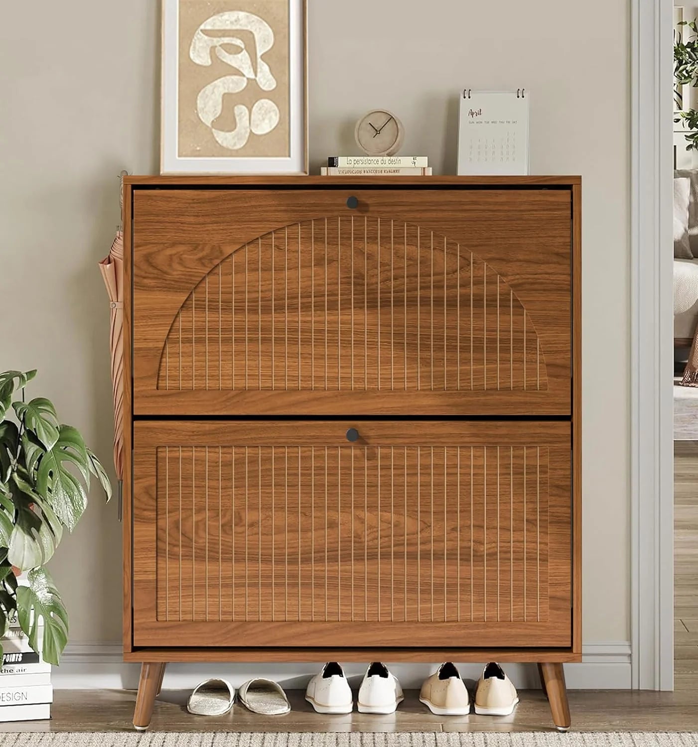 Shoe Storage Cabinet for Entryway with 2 Flip Drawers Narrow Wood Shoe Cabinet with Fluted Panel