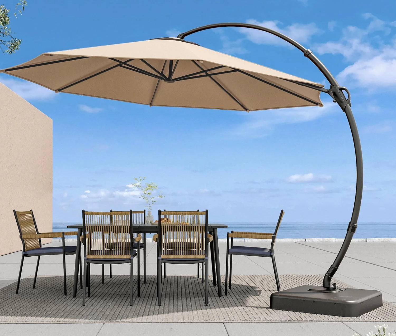 LAUSAINT HOME Outdoor Patio Umbrella with Base included, 11 FT Deluxe Curvy Cantilever Umbrella Heavy Duty Offset Hanging Umbrella with 360° Rotation for Market, Pool, Garden, Backyard, Deck (Beige)
