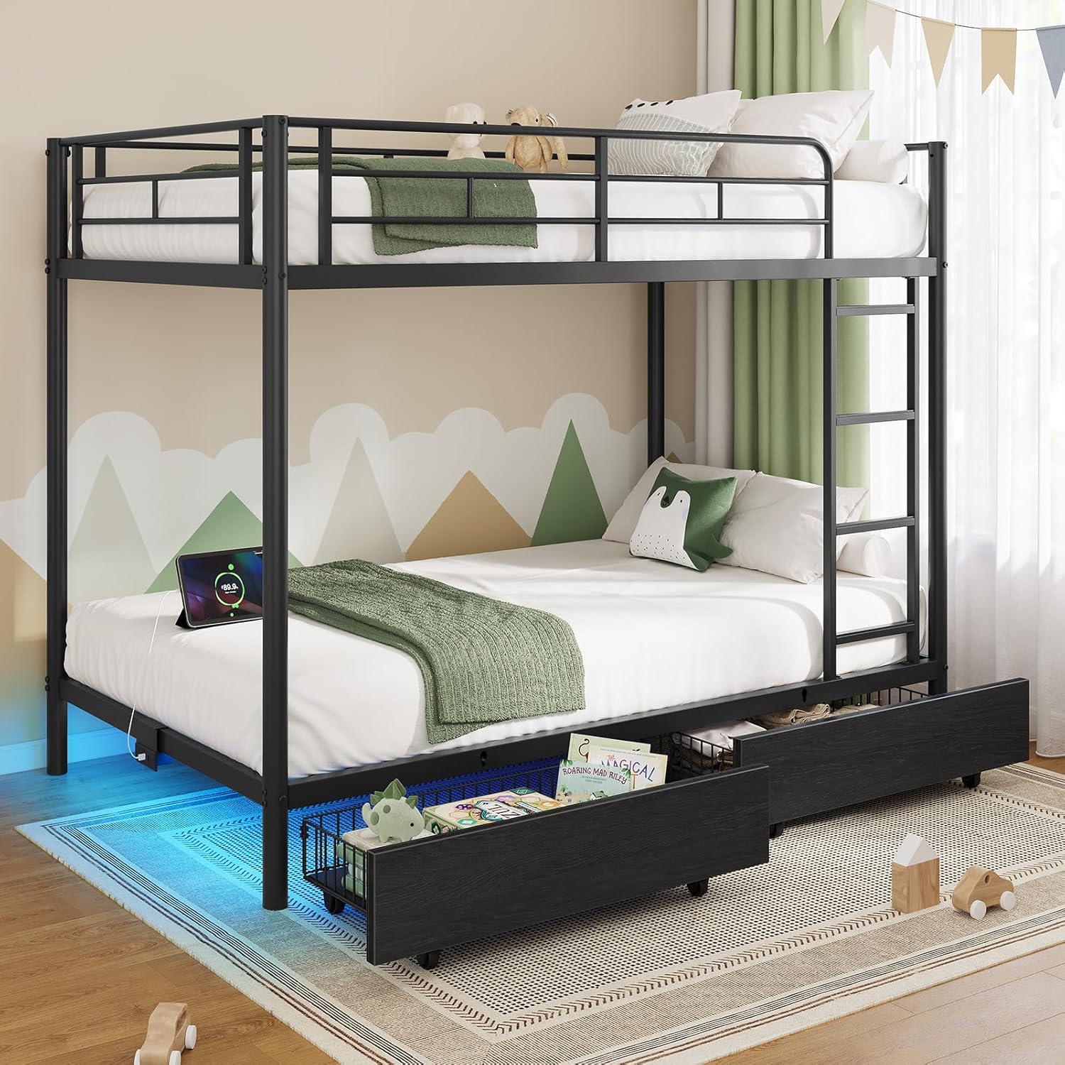 Rolanstar Metal Bunk Bed Twin Over Twin USB Charging Station LED Bunk Bed 2 Storage Drawers
