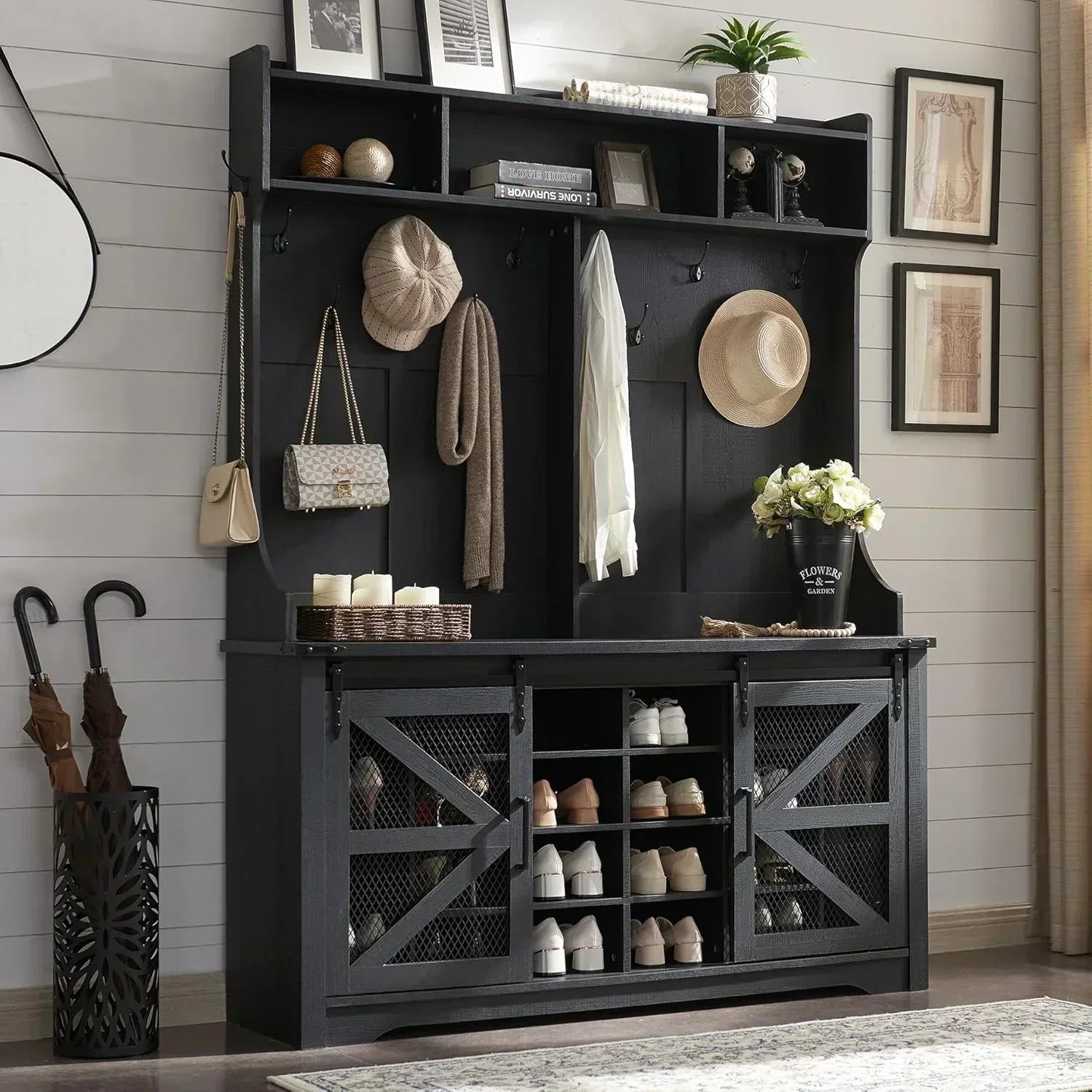 JXQTLINGMU 59-inch Farmhouse Foyer Tree Shoe Storage Entryway Bench Foyer Coat Rack Cabinet