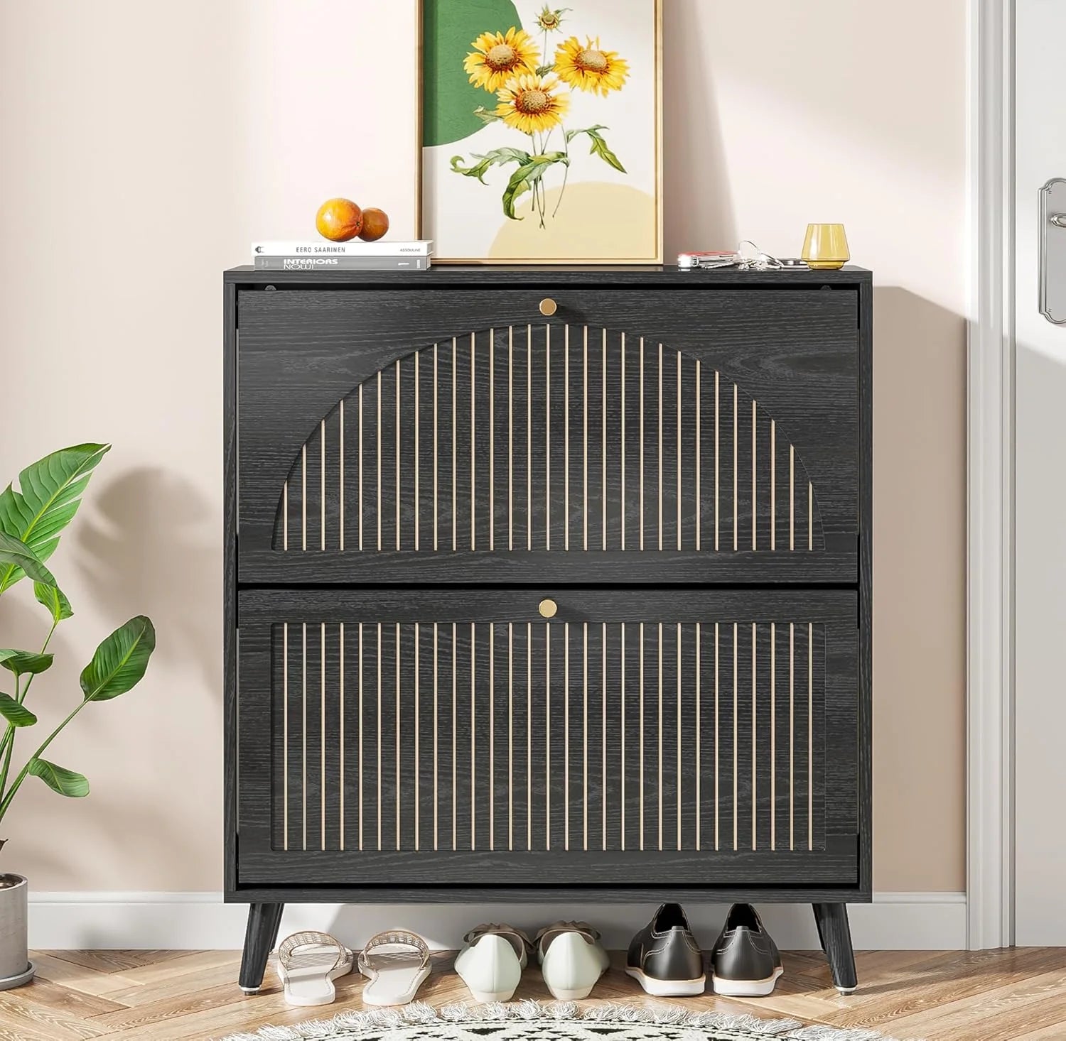 Shoe Storage Cabinet for Entryway with 2 Flip Drawers Narrow Wood Shoe Cabinet with Fluted Panel
