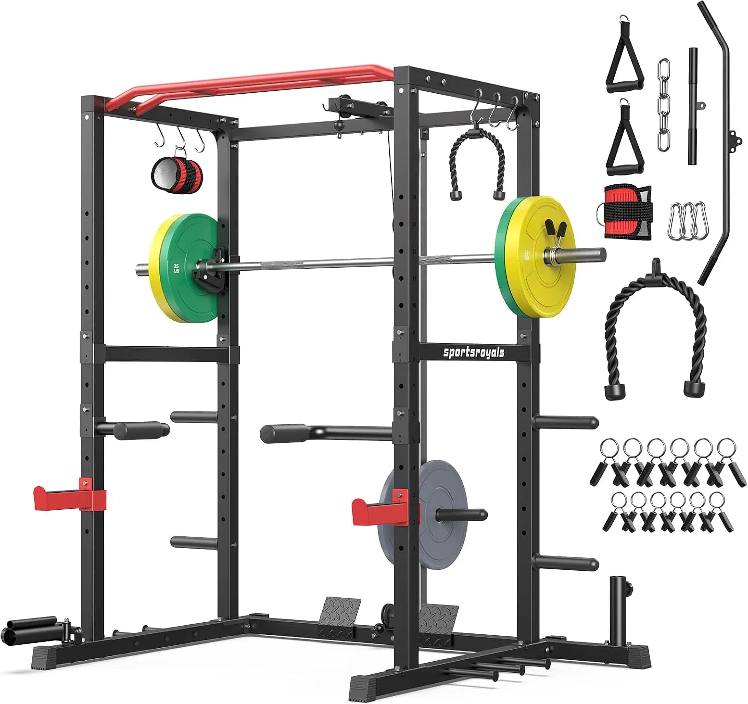 Sportsroyals Squat Rack, LAT Power Cage, Power Rack Multi-Function with Pulley System